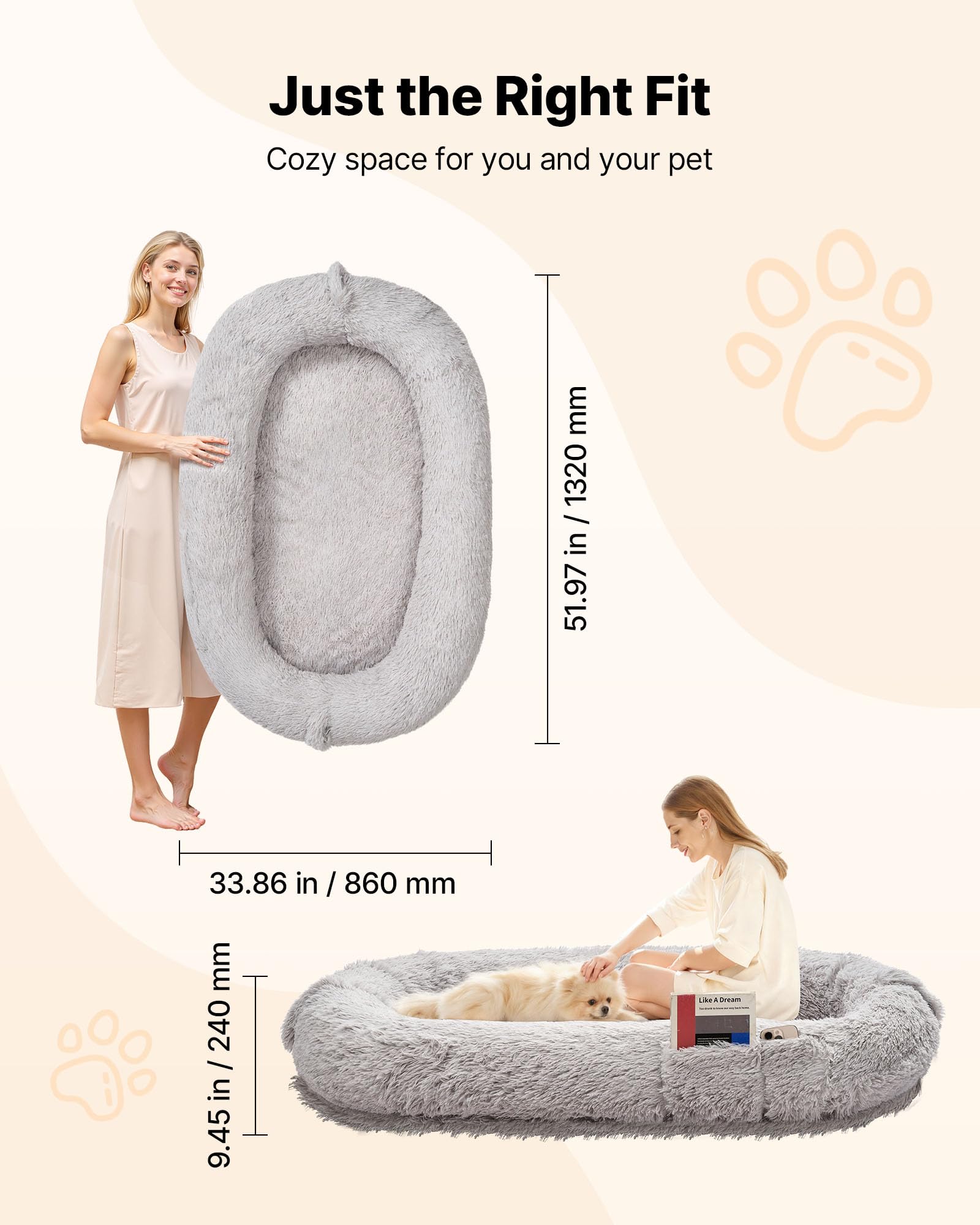 VEVOR Cama para Perros de Diseño Ovalado, de Espuma Viscoelástica, Tamaño Humano, con Bolsillo Lateral, Asa y Cremallera, Funda Extraíble y Lavable a Máquina, Color Gris, 1320 x 860 x 240 mm