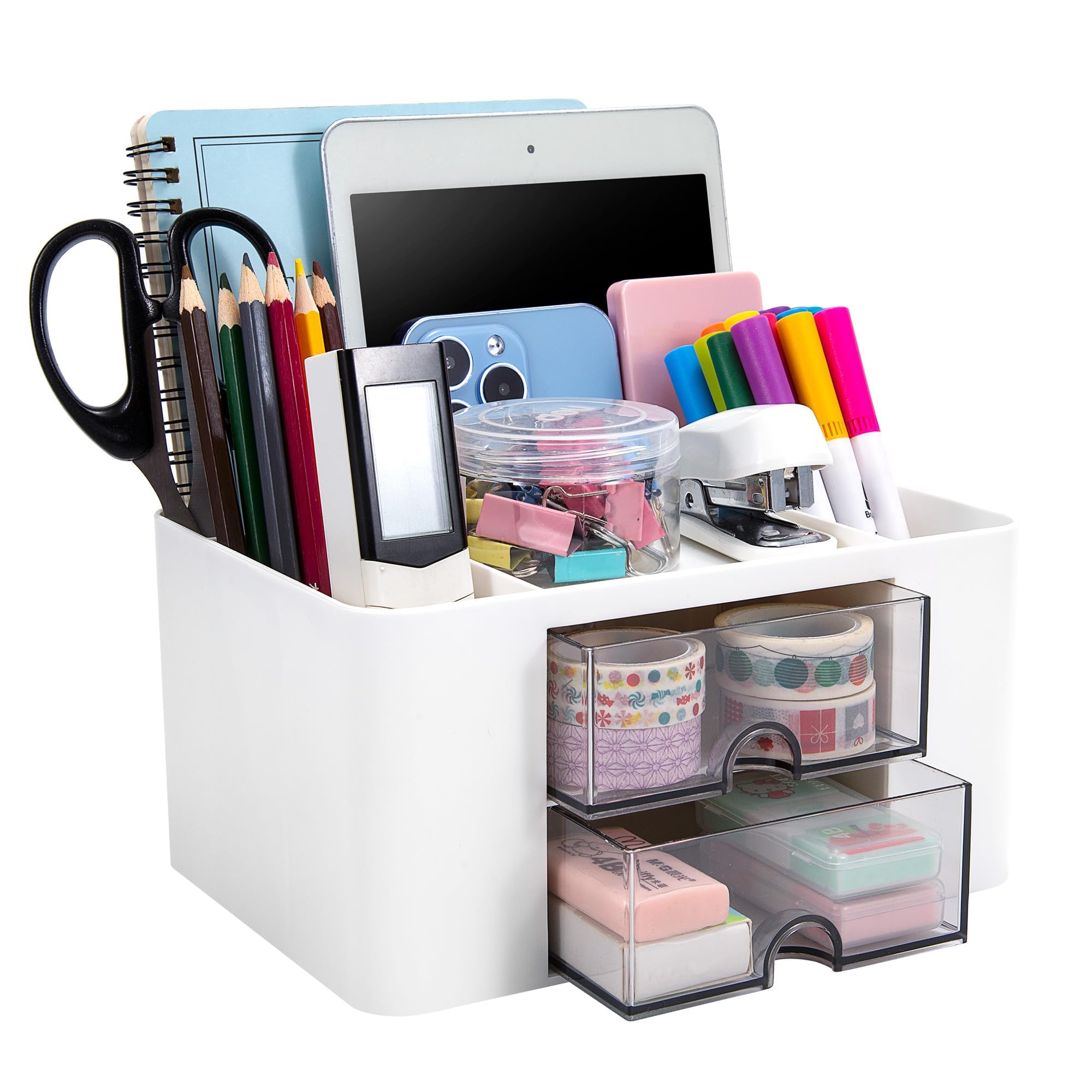 Jesustree Organizador de Escritorio Versátil con Cajón y 5 Compartimentos, Multifuncional Organizador de Oficina Portalapices Escritorio para Hogar, Escuela, Aula (Blanco)