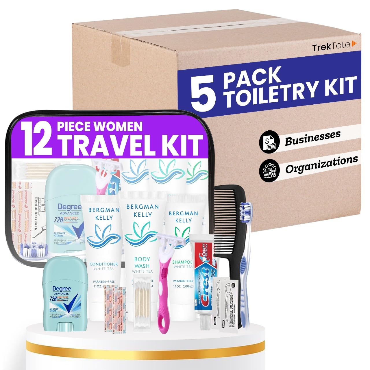 Trektote Travel Toiletry Kit For Women  (5 Pack) 12 Piece Set Of Travel Size Toiletries, TSA Compliant, Travel Essentials, Includes Shampoo And Conditioner, Body Wash, Toiletry Bag & More