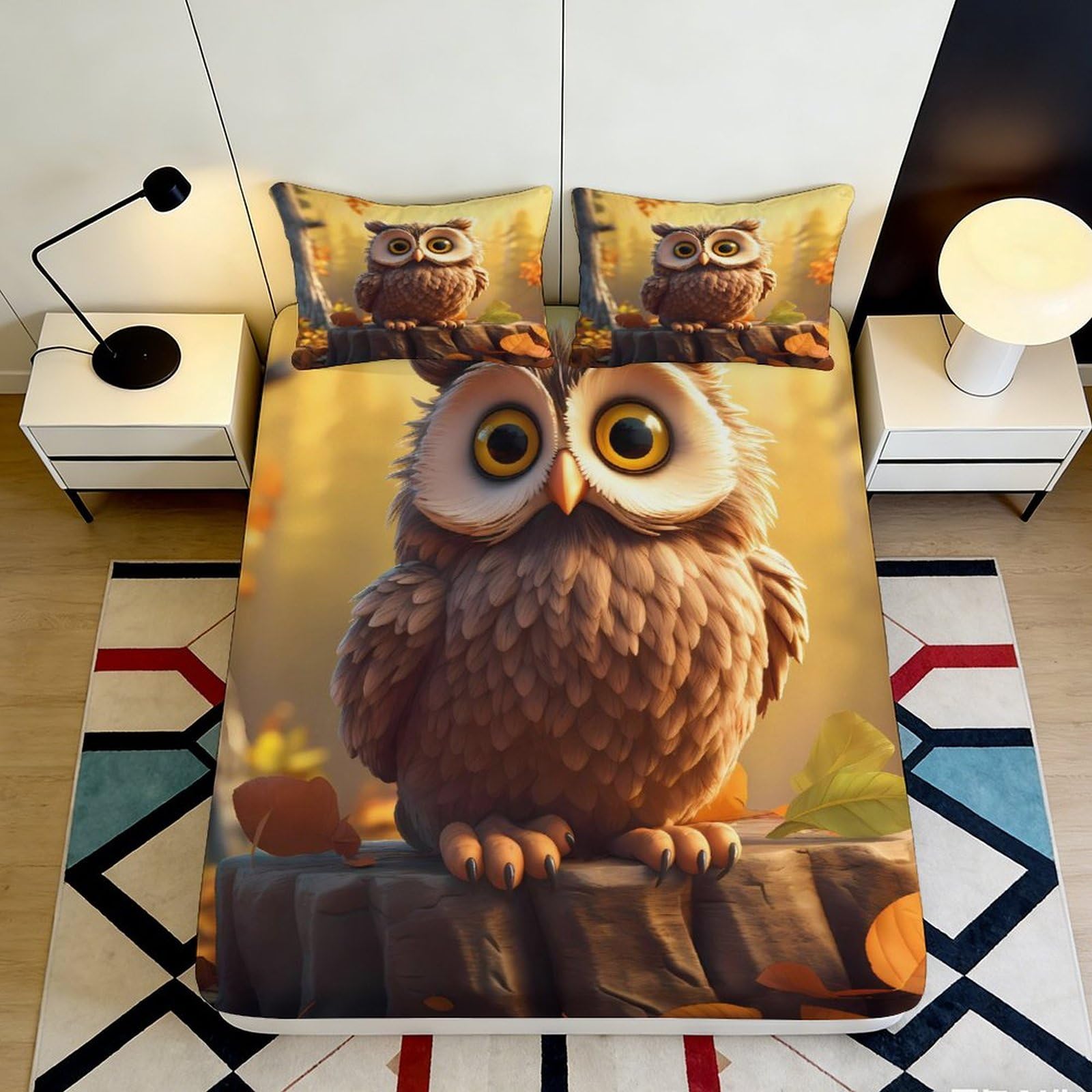 3D Printed Cartoon Owl Fitted Sheet Microfiber Soft Brown Owl Bed Sheet for Bedroom Dorm Mattress Protection Decor 90x200x25cm