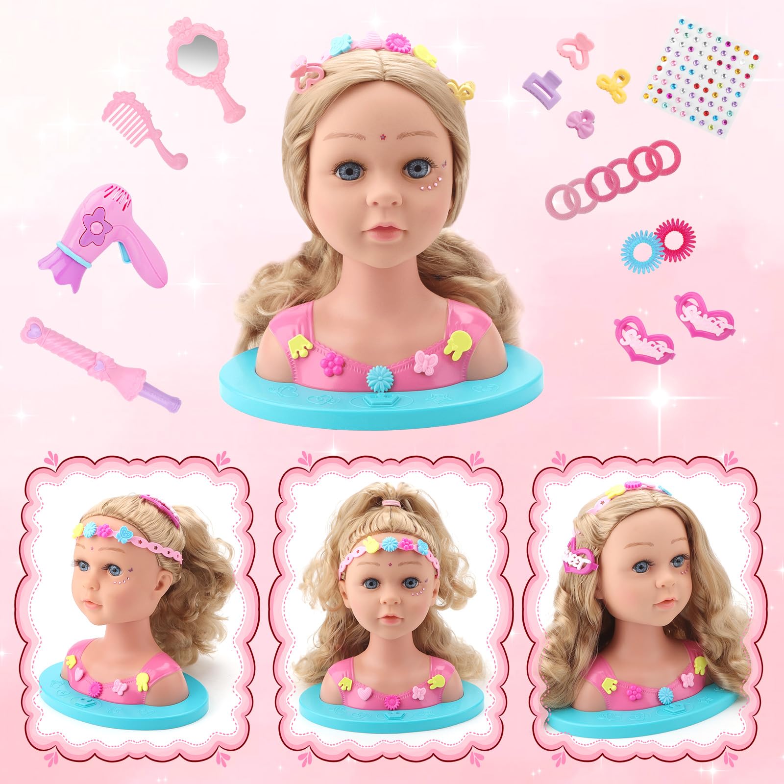 deAO Muñeca para Peinar, Juguete De Cabeza De Estilo con Luces, Muñeca para Peinar y Maquillar con Accesorios, Princess Make-Up and Hairdressing Head, Set Peluqueria Juguete Niña