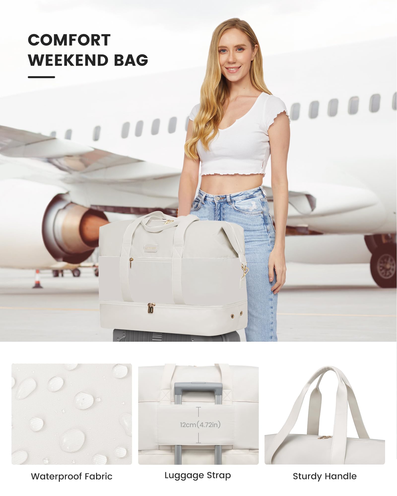 LOVEVOOK Weekender Reisetasche Damen, Sporttasche Handgepäck Tasche 45x36x20, Groß Kliniktasche Geburt, Travel Bag Duffle Bag mit Kulturtasche Schuhfach für Flugzeug Reisen, Beige