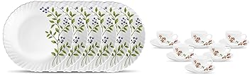 Opalware Cup and Saucer Set - 6 Pieces of Cup and 6 Pieces of Saucer (Coral Charm), Novo Collection, Opal Glass Quarter Plate Set 6 pcs, Lush Greens, White
