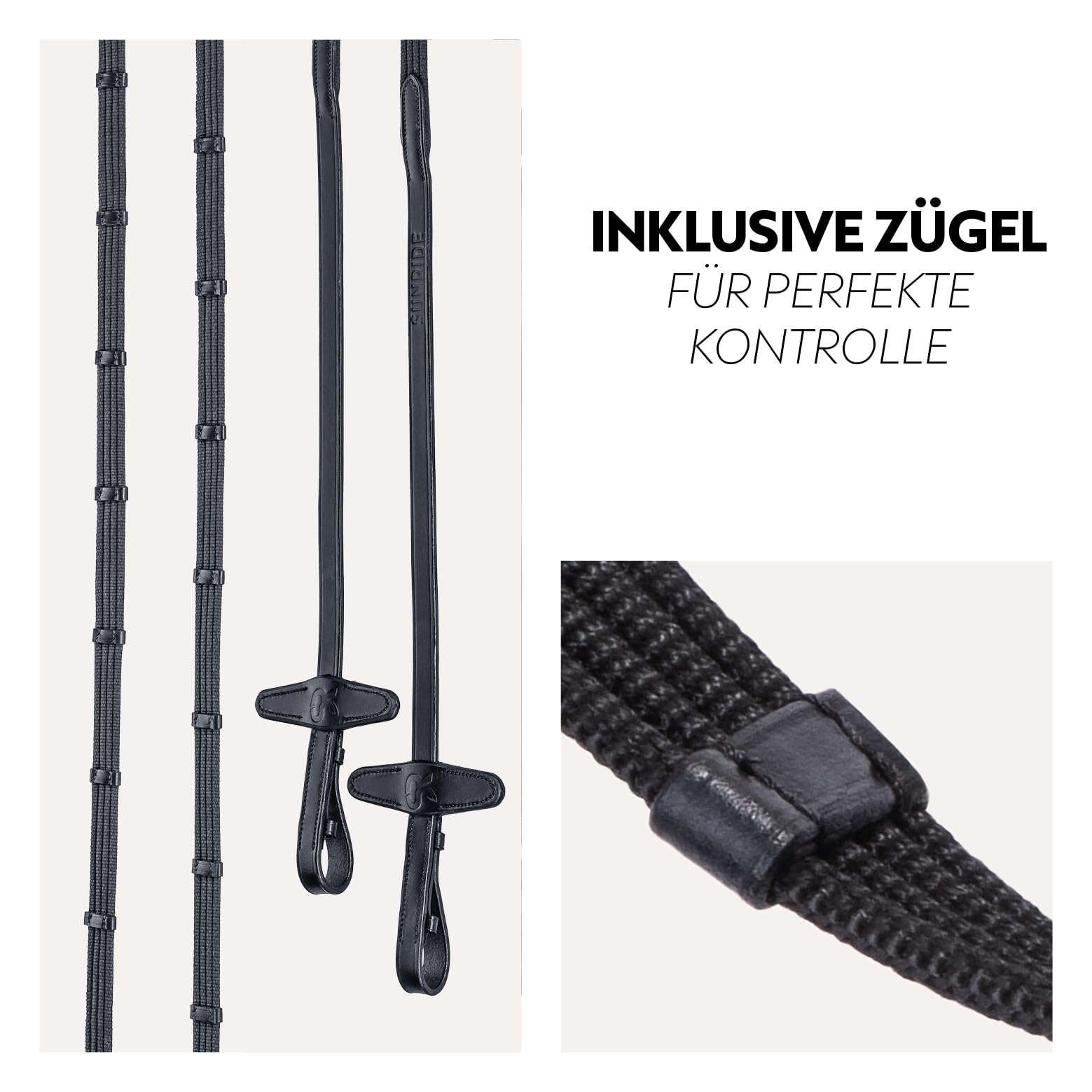 SUNRIDE cabezada Sueca para Caballo (Aspen) con riendas – Cuero Genuino Suave – anatómica, Ajustable – Acolchado Extra – muserola Charol – Hecha a Mano – Acero Inoxidable (Full, Negro)