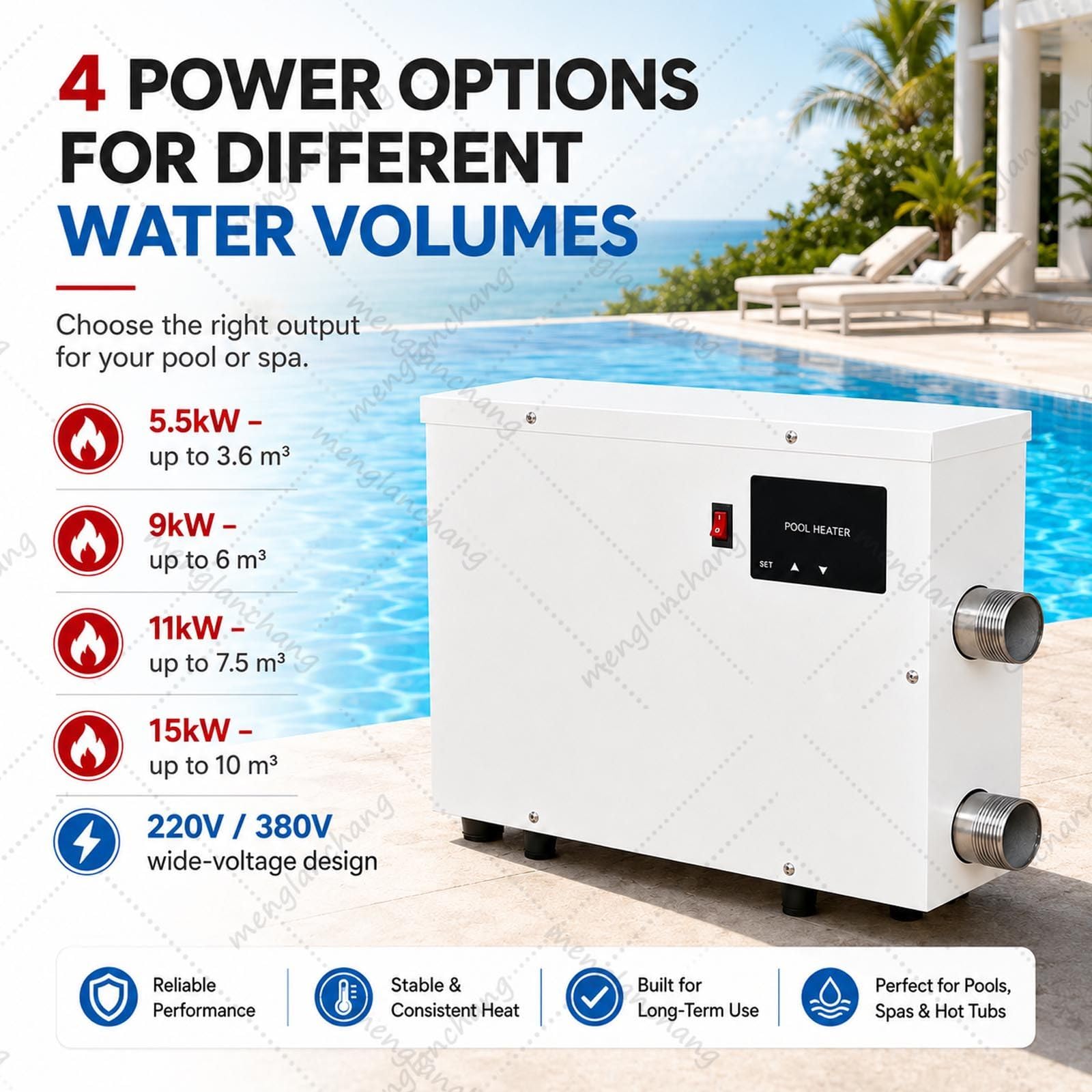Riscaldatore elettrico per piscina da 5,5/9/11/15 kW con display digitale touch e termostato, riscaldamento automatico per piscina fuori terra, spa, vasca idromassaggio, 220 V/380 V