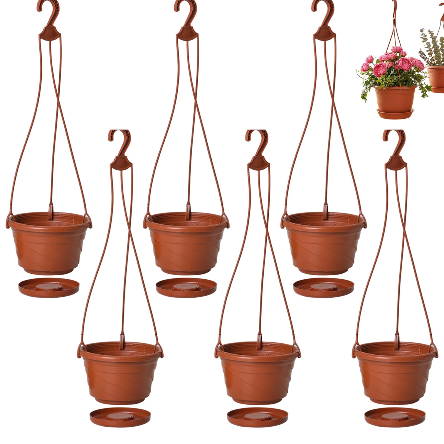 Awnsimfreien Red 6 Pack Hanging Baskets For Plants Outdoor, Plastic Hanging Planter With Drainage Holes & Hook For Balcony Garden Decor, Plant Basket