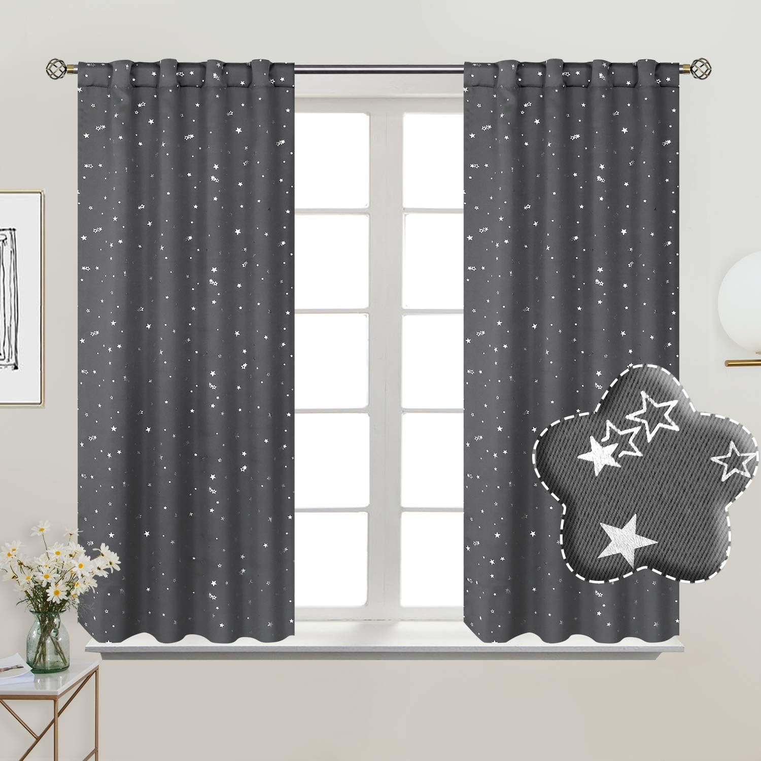 BGment Rod Pocket and Back Tab Blackout Curtains for Kids Bedroom - Sparkly Star Printed Thermal Insulated Room Darkening Curtain for Nursery, 38 x 45 Inch, 2 Panels, Grey