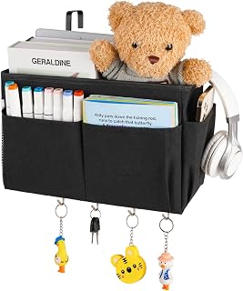 Bedside Caddy Organizer 5 Pockets and 4 Hooks for Bunk Bed Black