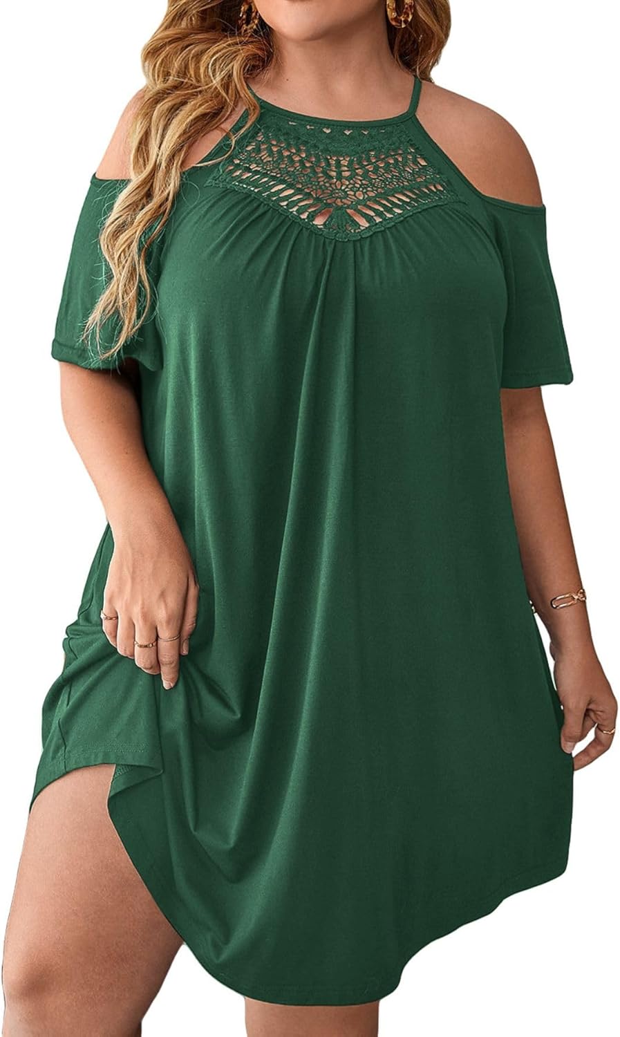 Verdusa Women's Plus Size Dresses Summer Contrast Lace Cold Shoulder Short Sleeve Loose Casual T Shirt Dress