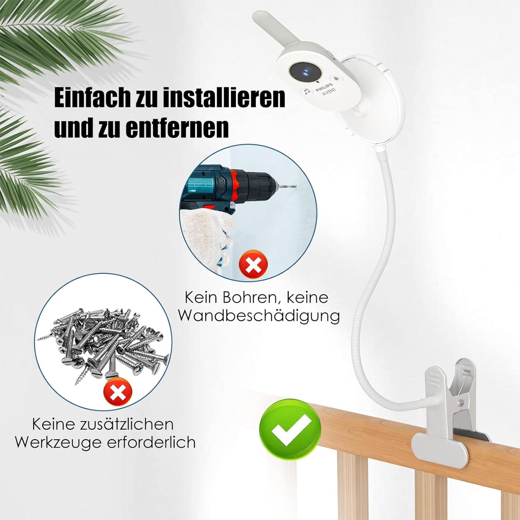 Supporto per baby monitor video per Philips Avent Babyphone SCD843/26, SCD833/26, SCD630/26, adatto per tavoli e culle con uno spessore inferiore a 4,5 cm (supporto a clip)