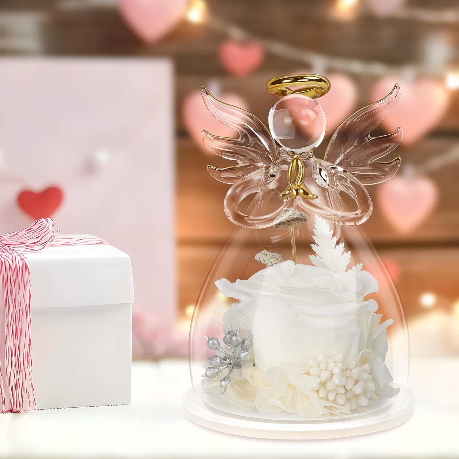 Valentines Day Rose Gifts for Her,Fresh Flowers for Delivery,Birthday Gifts for Women Mom,Preserved Flowers in Glass Angel Figurine,Angel Mothers Day Rose Gift for Mom Grandma,White Gift Valentines - Image 2