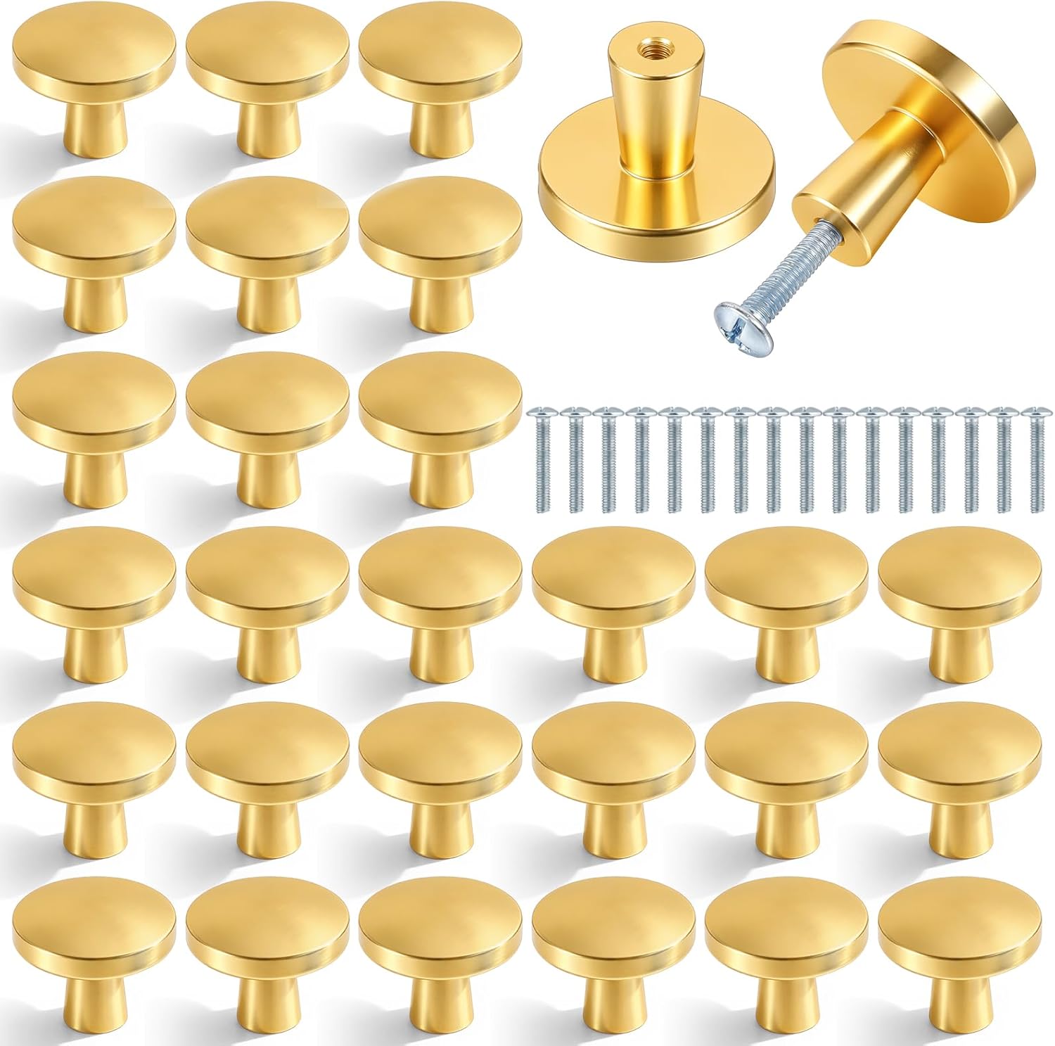 50 Pack Brushed Gold Cabinet Knobs, Round Drawer Pulls Gold Drawer Knobs Golden Knob for Dresser Mushroom Dresser Solid Hardware with Screws for Kitchen Cupboard Bedroom