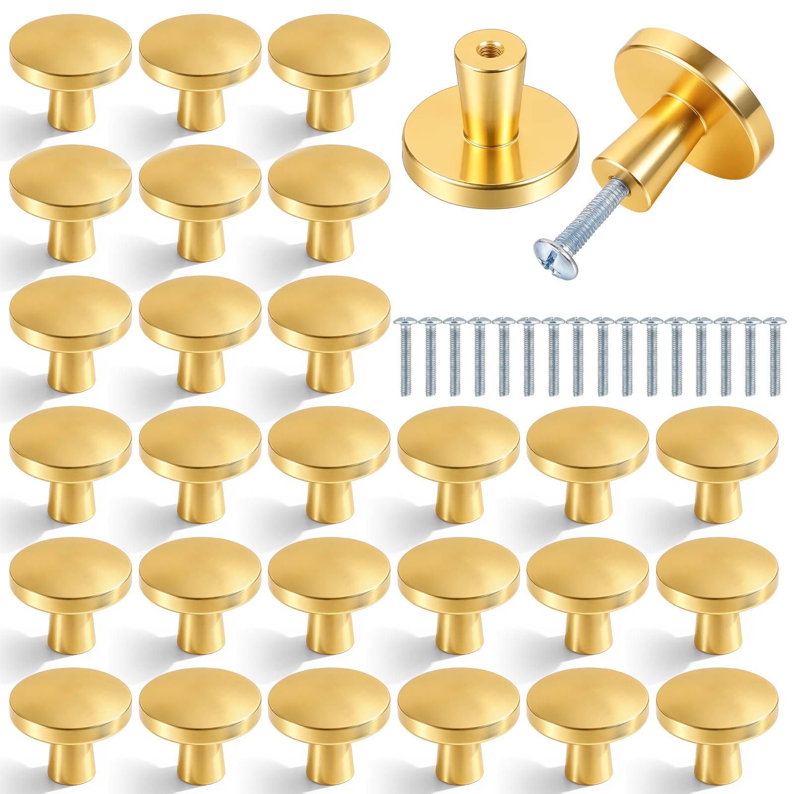 Boutons d'armoire dorés brossés ronds | Lot de 50 poignées de commode de cuisine avec vis