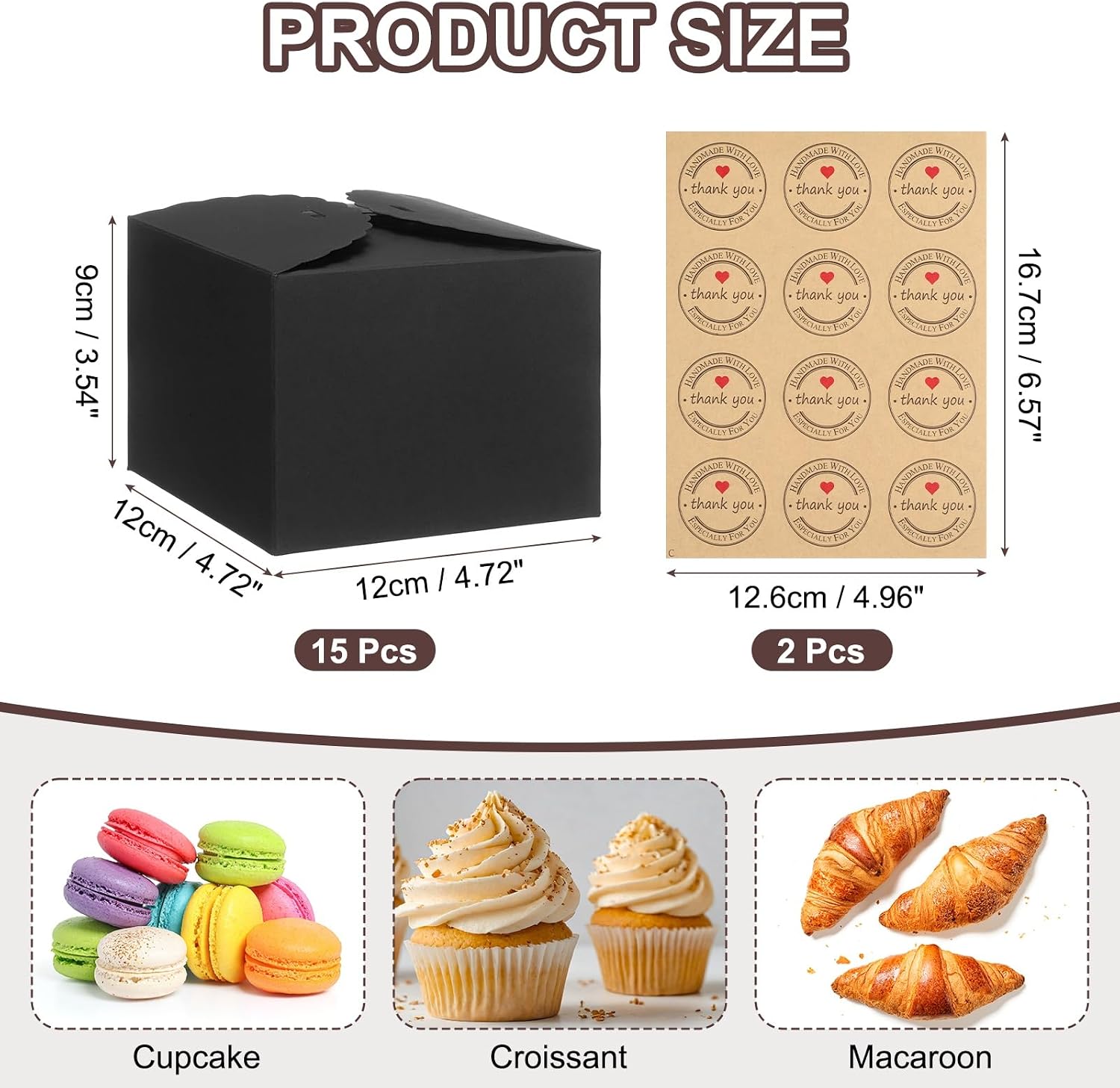 uxcell 15 Pcs Cake Boxes 4.7"x4.7"x3.5" Square Bakery Boxes Black image 2