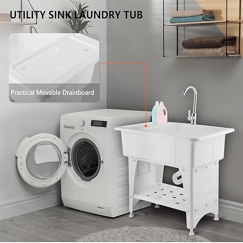 Miniatura 9 de VINGLI Amplio fregadero blanco para lavandería, estación de lavado de garaje, fregadero inclinado, fregadero independiente con grifo de acero