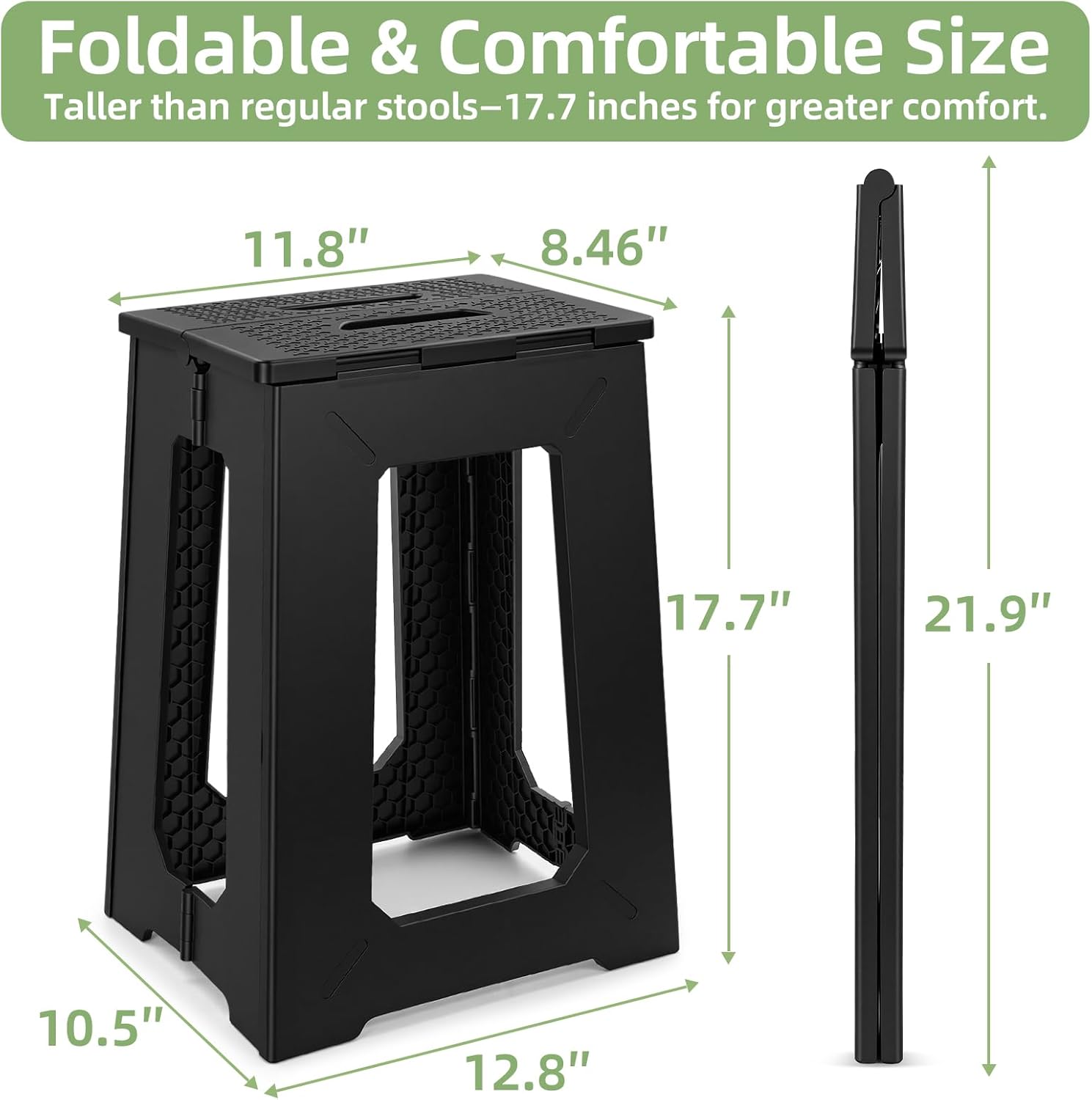 neotidy Foldable Stool Chair, 17.7” Tall Folding Seat for Adults up to 400 lb, Heavy-Duty Plastic Foldable Stool for Sitting, Portable Compact Folding Chair for Home Outdoor Camping, Black