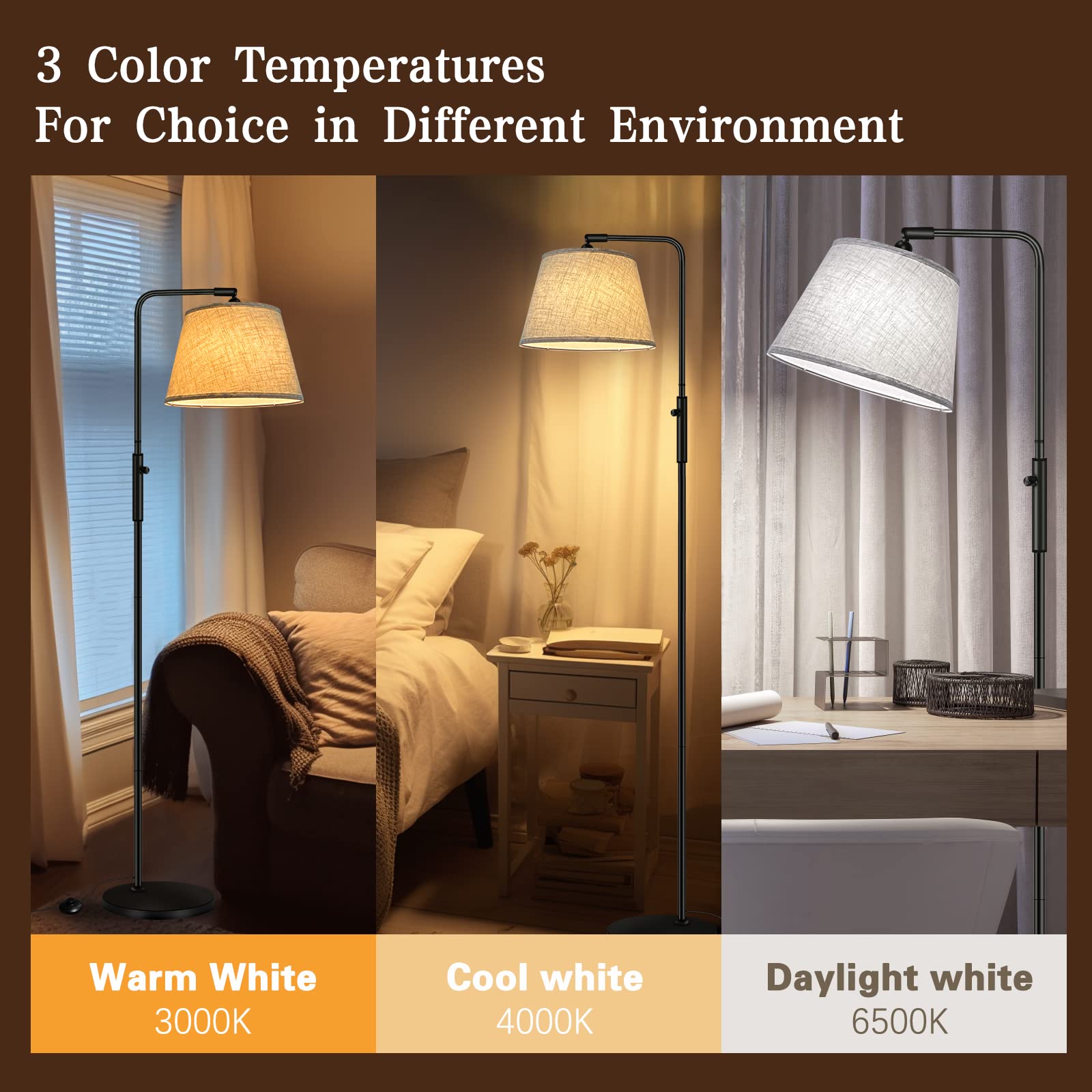 Lámpara de Pie para Salón - 3 Temperaturas de Color & Brillo Ajustable (3000K-6500K, dimmable), moderna con ángulo de luz regulable, interruptor de pie, lámpara de lectura de 170 cm de alt