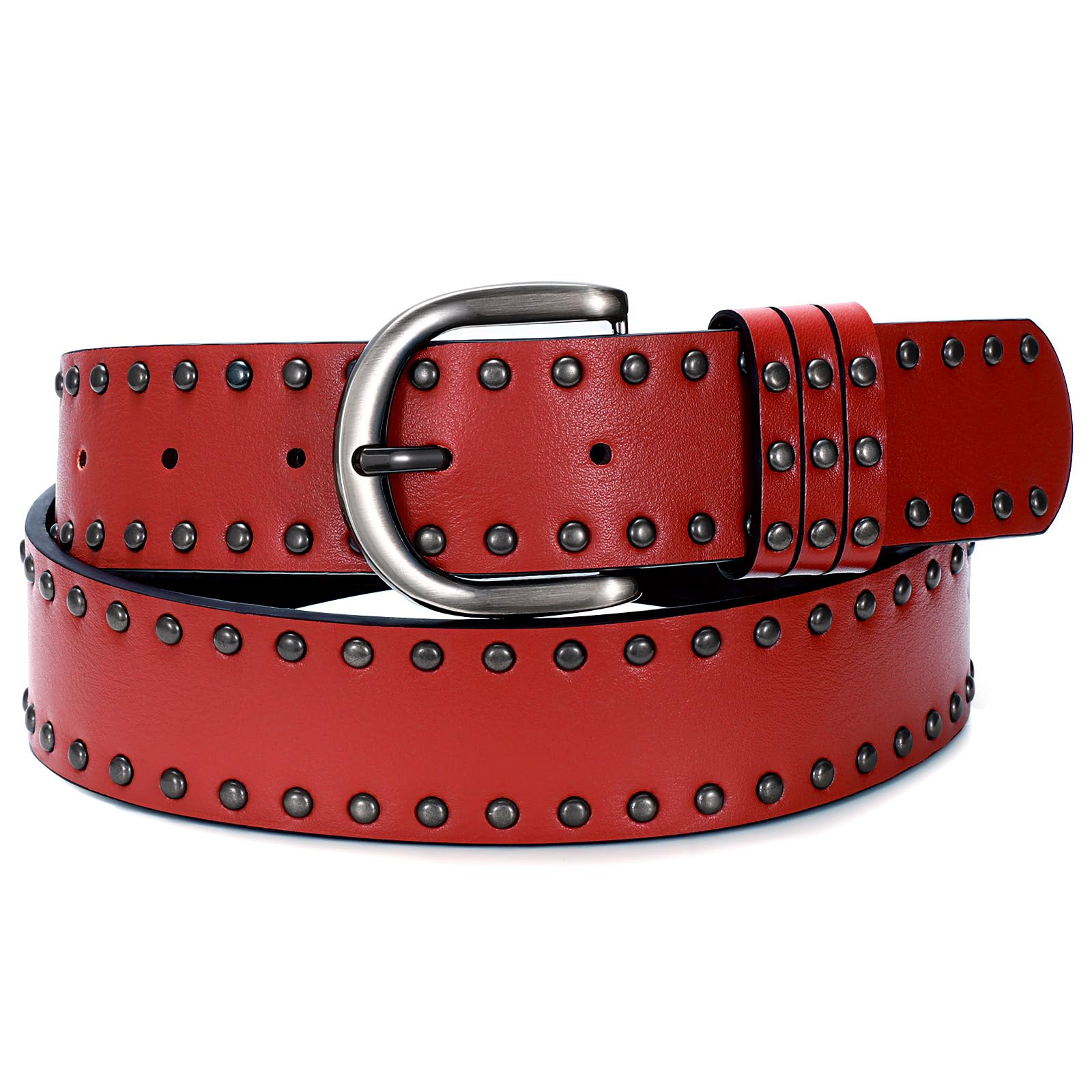 SUOSDEY Women Leather Rivets Belts for Jeans Pants Dresses Studded Leather Belts with Silver Buckle
