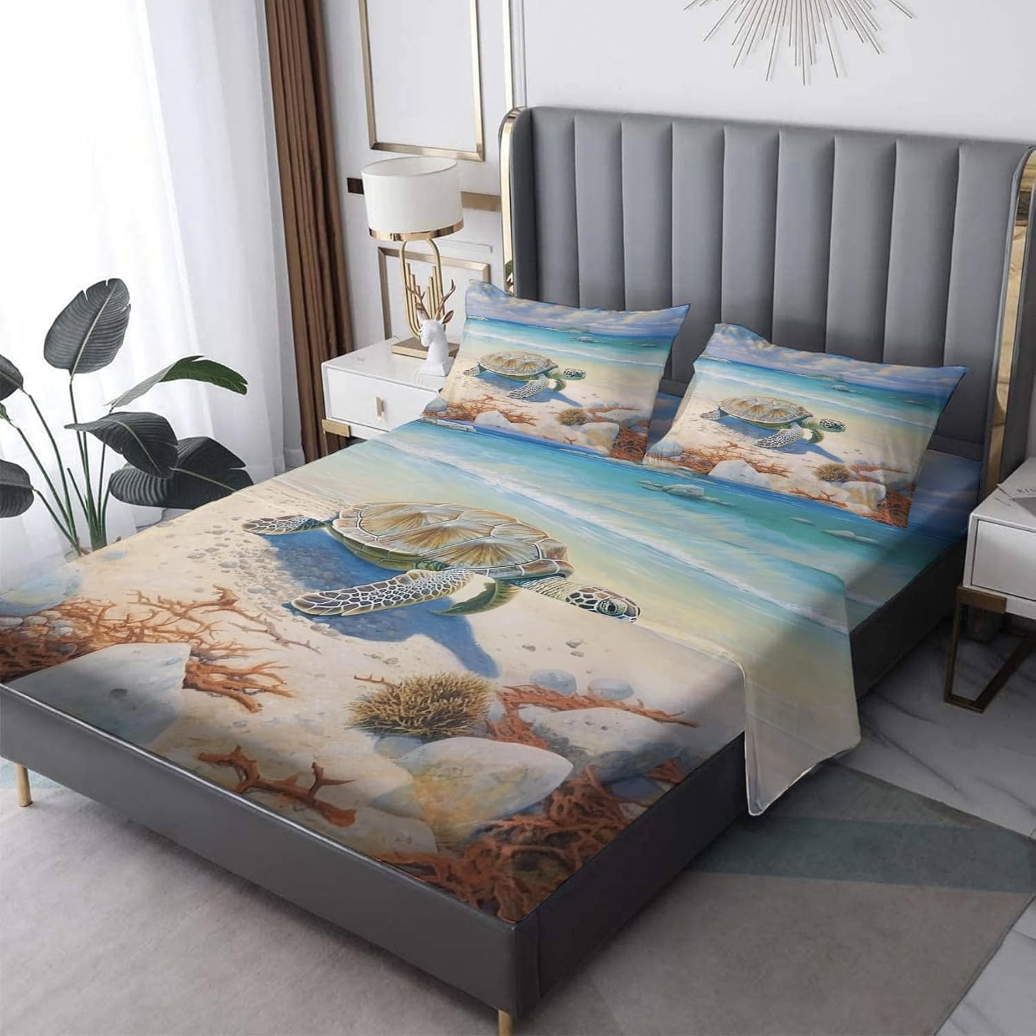 Sea Turtle Sheets Split King Size for Adjustable Bed, Beach Ocean Bed Sheets, Bedding Sheets & Pillowcases 5 Piece Set - Microfiber Deep Pocket 2 Fitted Sheet & Flat Sheet & 2 Pillow Cases Z2-&-94