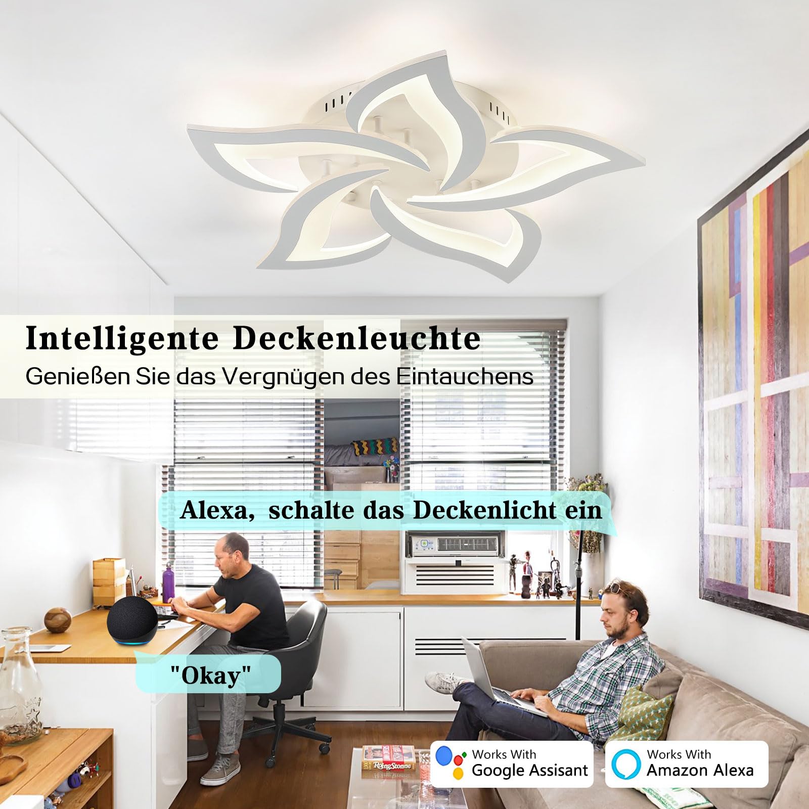 Sky angle Plafoniera Led soffitto stile Moderno con ALEXA e Google Home, Dimmerabile Lampadario Camera da letto con Telecomando (Diametro 63cm)