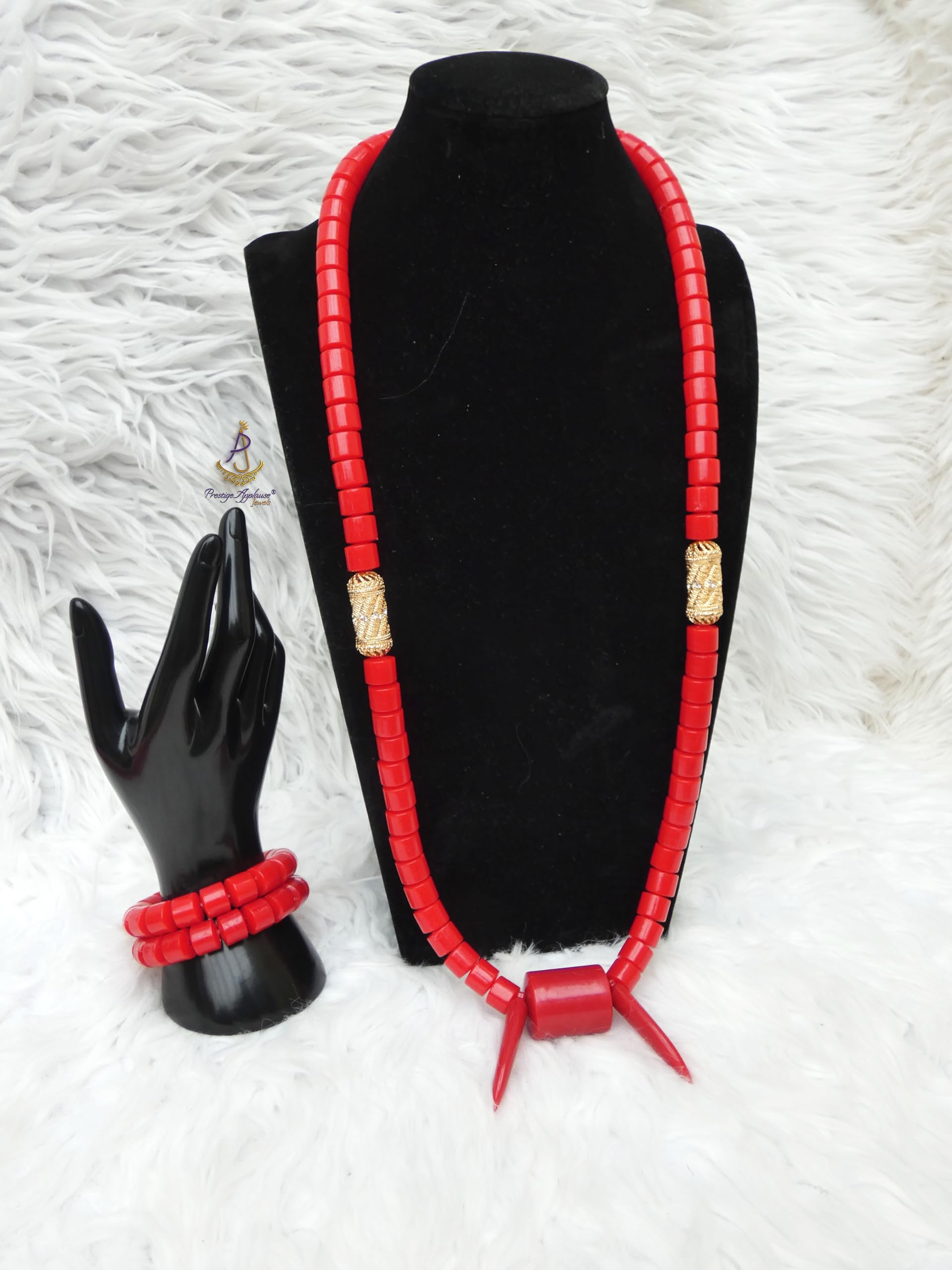 Parure traditionnelle africaine Edo Igbo en perles de corail blanc avec collier et bracelet - Motif éléphant - Bijou de mariage nigérian pour homme