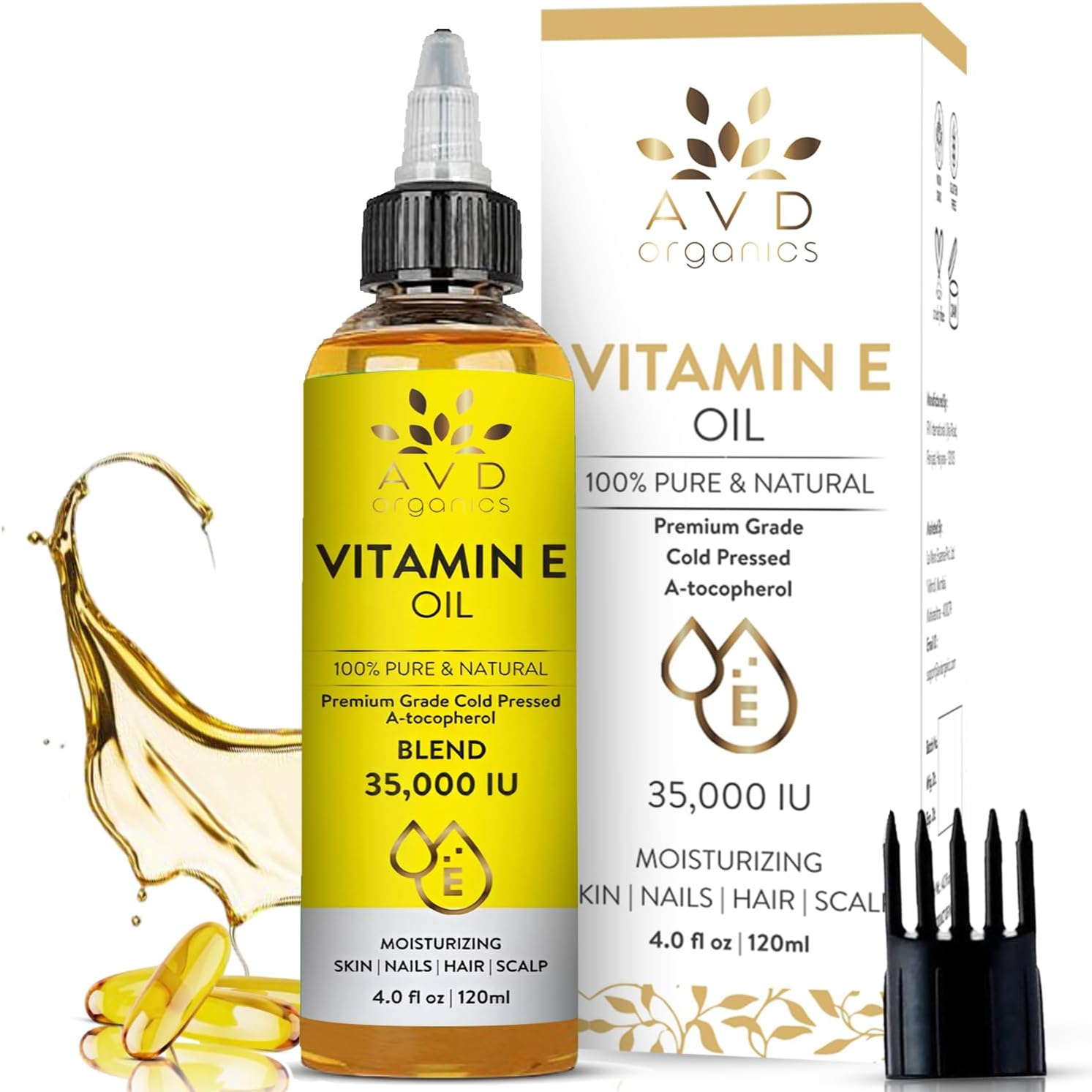 – AVD Organics Vitamin E Oil 35,000 IU 120 ml – 100% Pure & Natural Cold-Pressed Vitamin E Oil for Skin, Face, Nails, Scars, Hair & Scalp | Moisturising Oil for Skin 4 fl oz