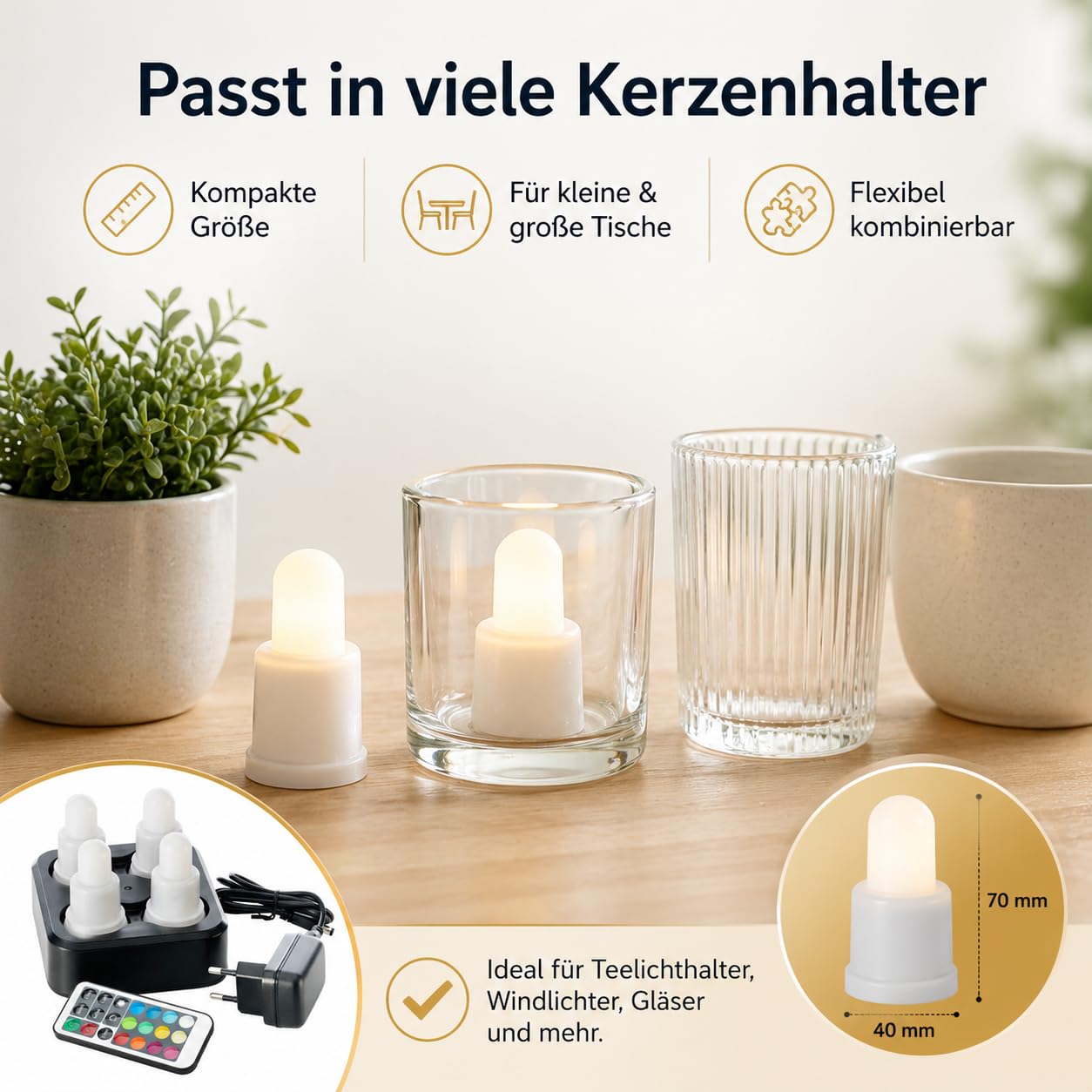 ReWu Duni LED-Set - 4 Stück - Warmweiß & Multicolour Mehrfarbig Wiederaufladbar Inklusive Ladestation & Fernbedienung Tischleuchten LED-Kerzen Alternative Teelichter