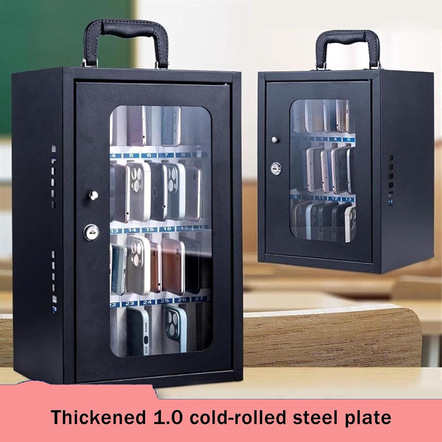 JKGHK Wall Mounted Slots Cell Phone Locker Box, Steel Phones Storage Cabinet with Handle and Door Locks, Freestanding Cell Phone Lock Box, for Office, Gym, Library(12-bit)