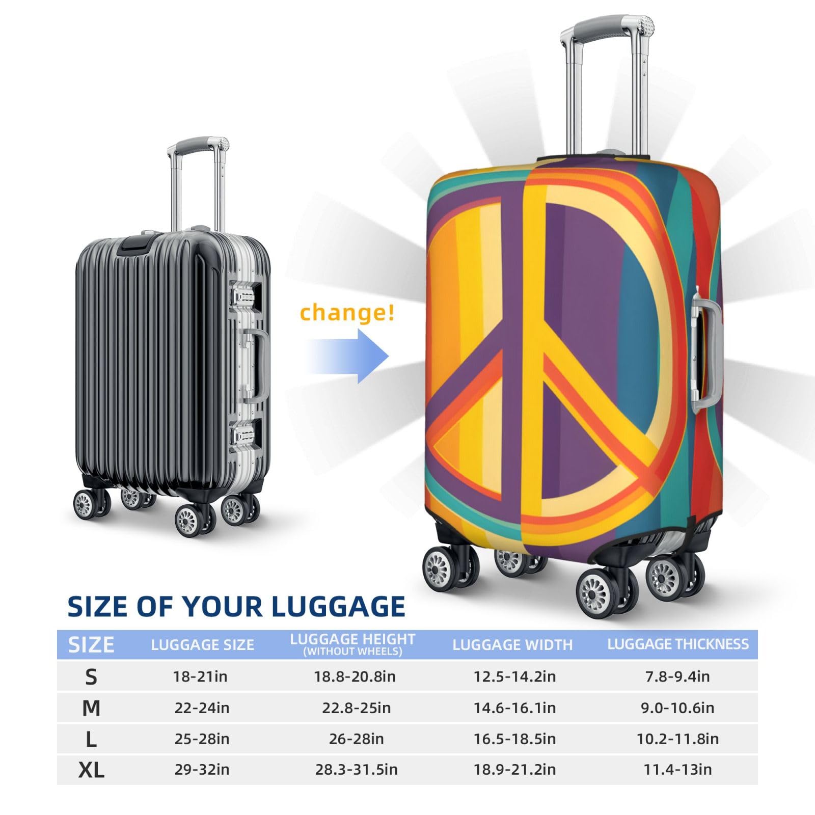 Kofferabdeckungen, Kofferschutzhülle mit Peace-Zeichen, 18–32 Zoll(M)