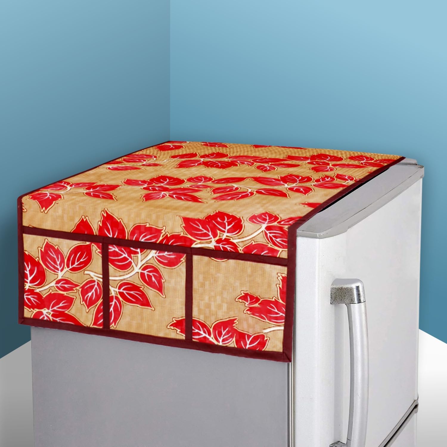 Kuber Industries Fridge Top Cover | Fridge Top Cover with Pockets | Refrigerator Top Cover for Kitchen | Fridge Top Cover with 6 Utility Pockets | Leaf Print Fridge Cover | Red