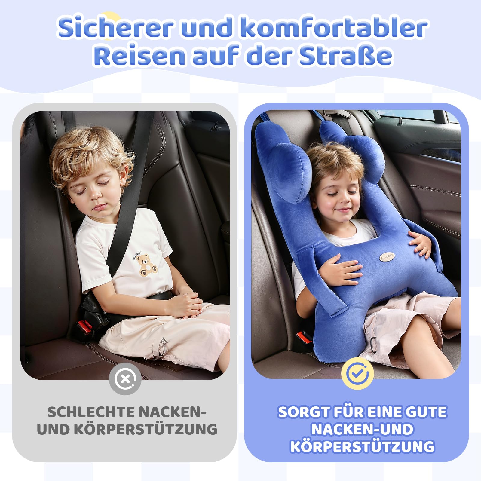 FLORICH Kinder Reisekissen, Schlafkissen Auto Kinder, Abnehmbares H förmiges Kissen Atmungsaktiv für Jungen und Mädchen und Erwachsene für Auto Urlaub (Blau)