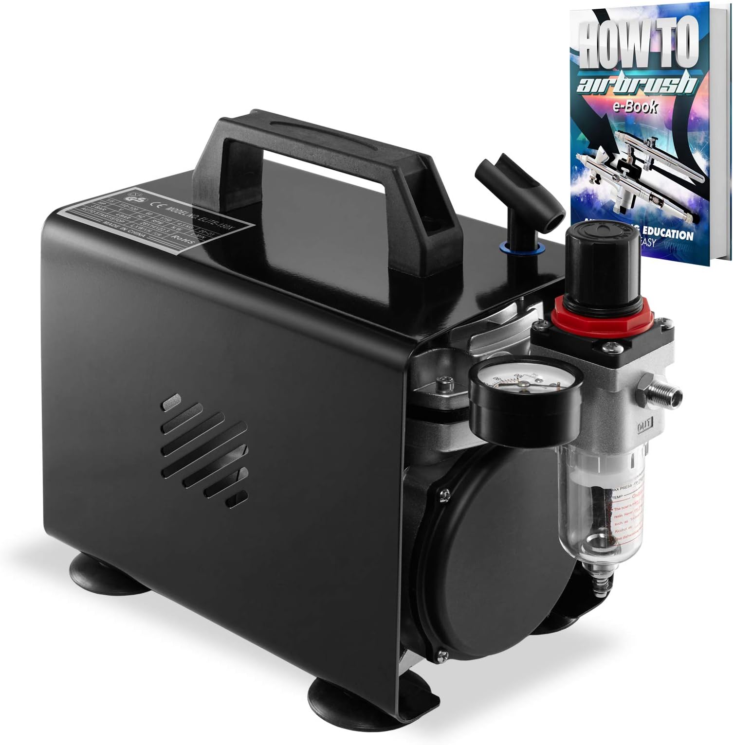 PointZero 1/5 HP Airbrush Compressor with Regulator, Gauge, Water Trap, and Cover with Holder - Quiet Portable Air Pump Black