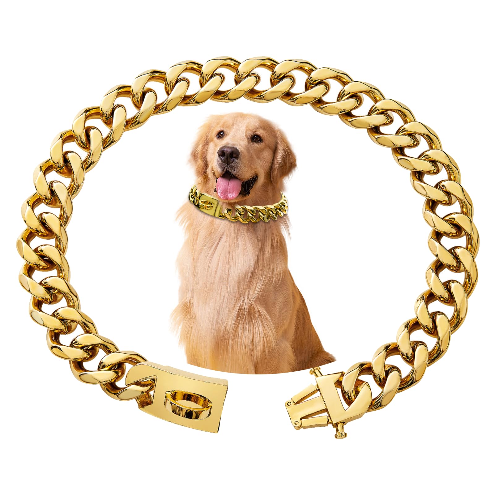 Collier en chaîne pour chien, Collier doré en chaîne métallique, 15 mm de largeur, Collier de chien cubain en acier inoxydable avec boucle pour petits, moyens et grands chiens (25 cm)