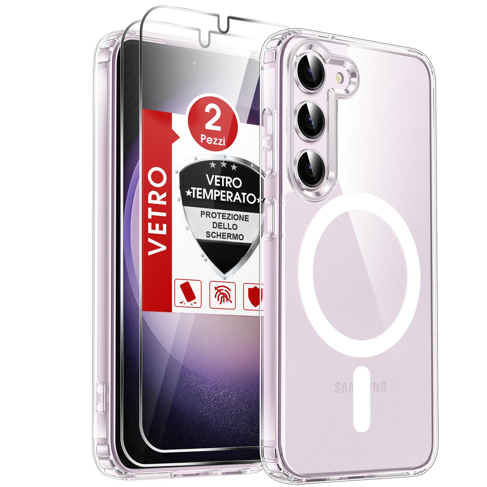 LeYi Cover Magnetica per Samsung S23 5G con Vetro Temperato(Trasparente) | Custodia [Compatibile con MagSafe] Protezione Fotocamera TPU Bumper Originale Antiurto Protettiva Case per Galaxy S 23