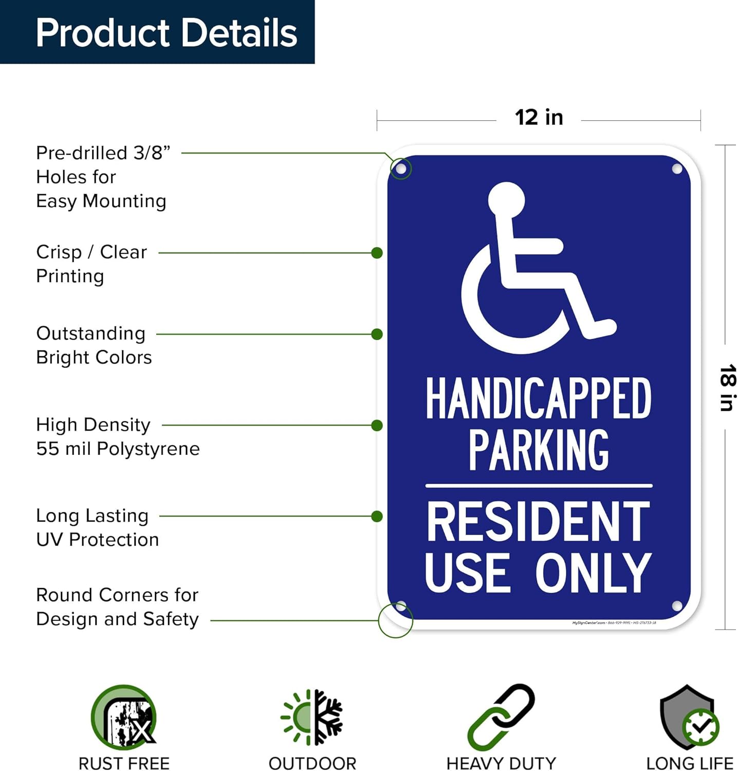 Handicapped Parking Resident Use Only Sign, 12x18 Inches, 55 mil thick HDPS (high density polystyrene), Made in USA by My Sign Center