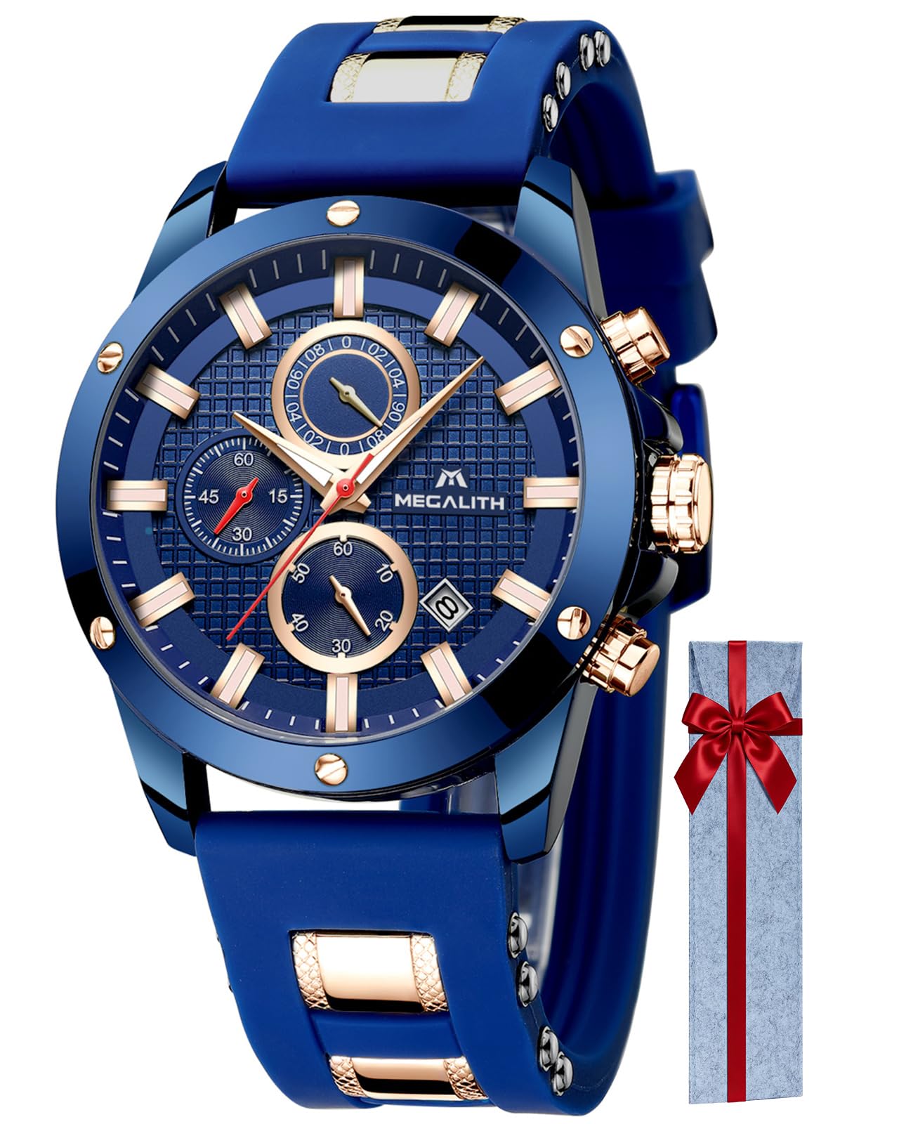 MEGALITH Mens Watch Military Sports: Chronograph Silicone Strap Wrist Watches for Men Waterproof Large Face Fashion Casual Date Watch 2 Blue
