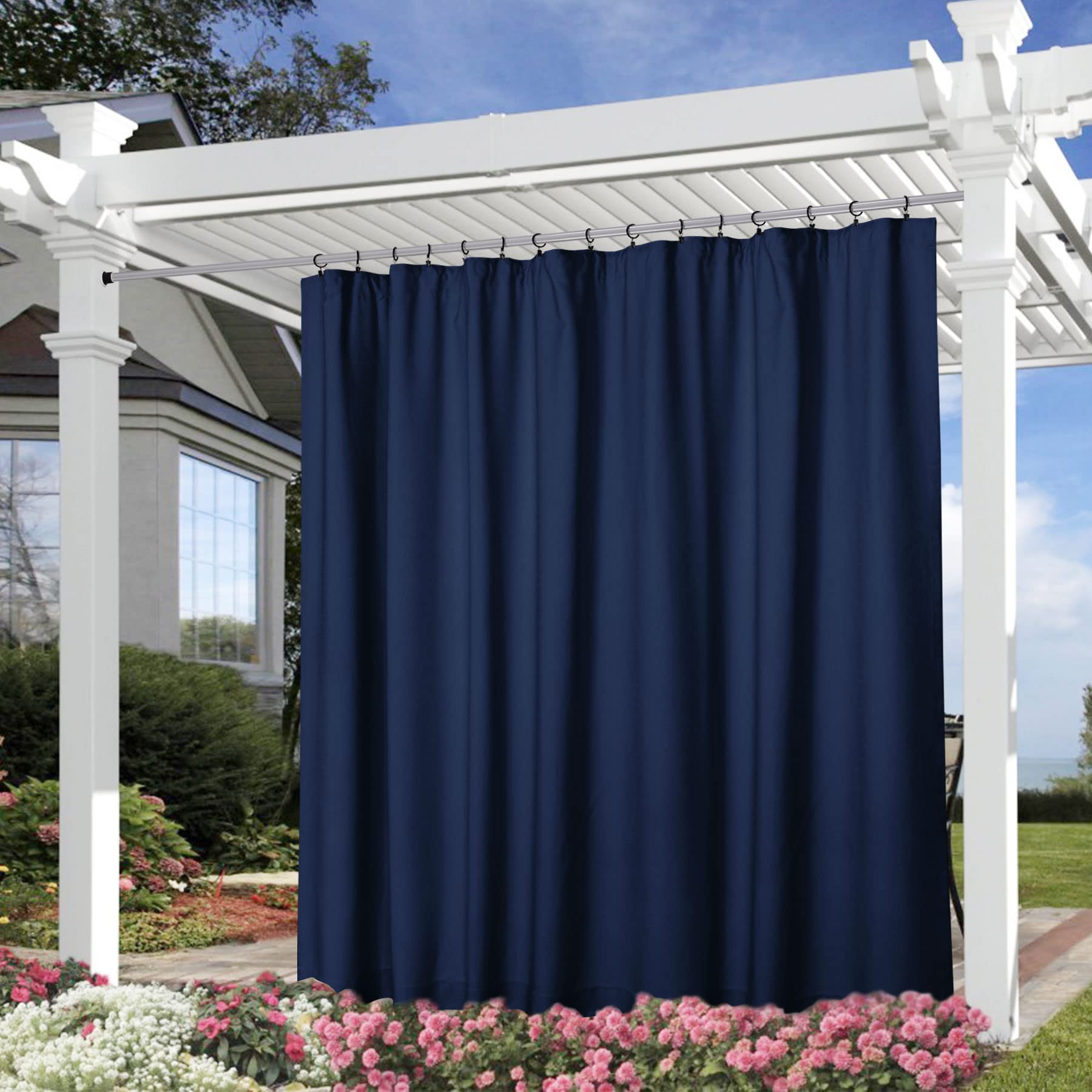 Fcosie Extra Wide Outdoor Curtains for Patio Waterproof 4-in-1 Header Type Linen Look Drapes Window Treatment with Rope Tieback Privacy Curtain Panels for Indoor Outdoor, 1PC, Navy, 200 W x 96 L Inch