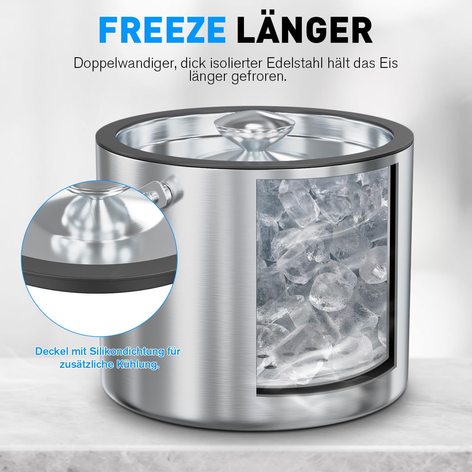3,2L Edelstahl Eisbehälter mit luftdichtem Deckel, Sieb und Eiszange, Eiswürfelbehälter doppelwandiger, Isolierter Eiseimer Bier Champagner Kühler Eiskübel Wein