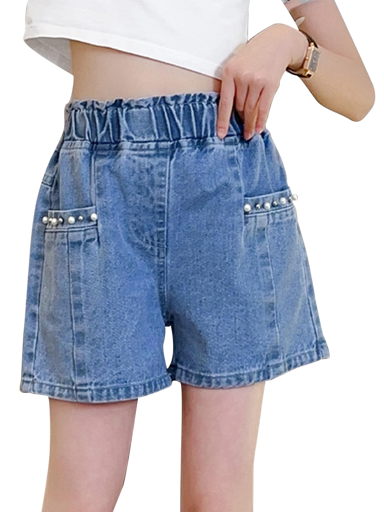 SEAUR Pantaloncini in denim strappati con orlo grezzo elastico in vita gamba dritta pantaloncini jeans casual estivo skort
