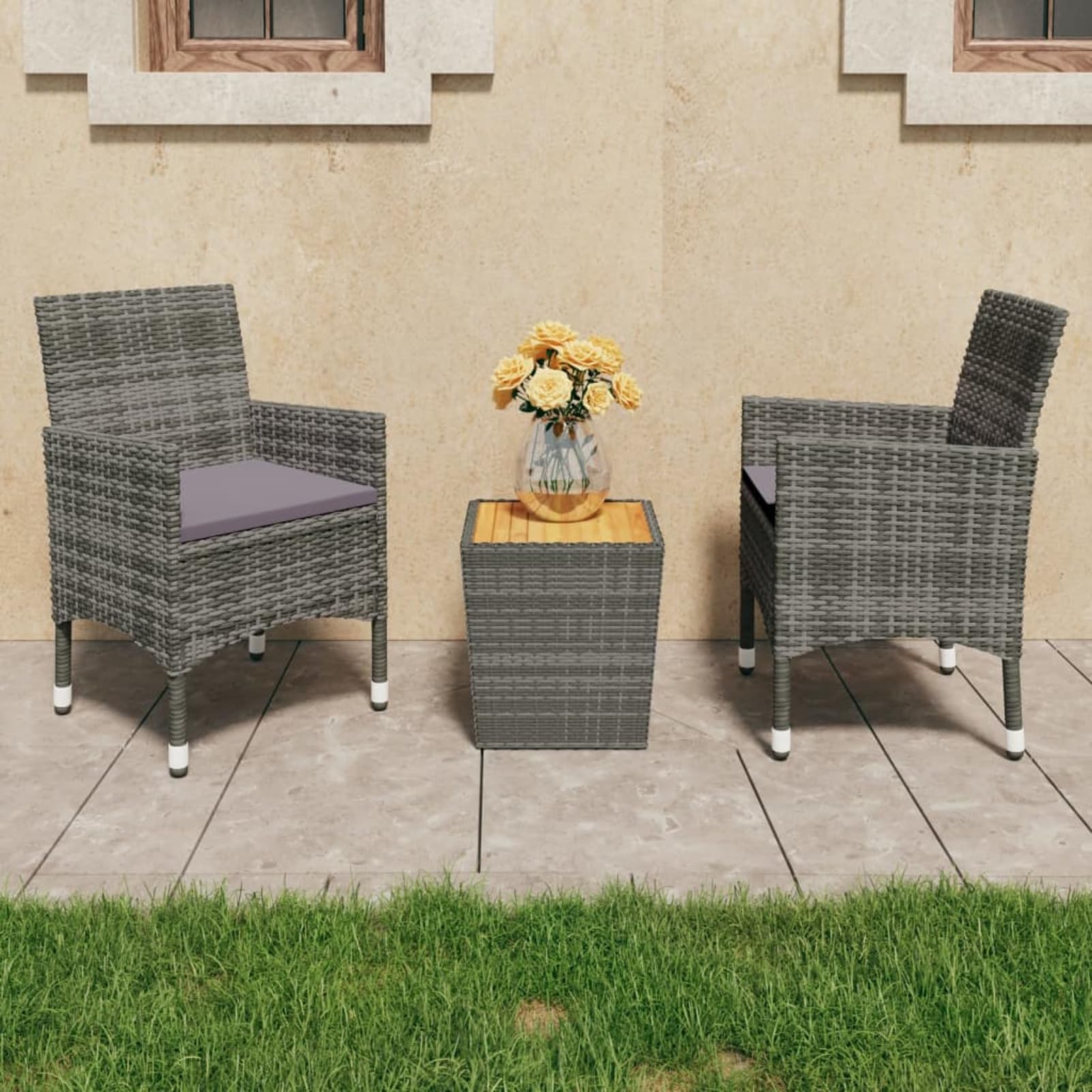 Set da 3 pezzi con struttura in polyrattan resistente ai raggi UV e piano in legno di acacia massiccio, grigio, 1 tavolo + 2 sedie, ideale per piccoli spazi esterni
