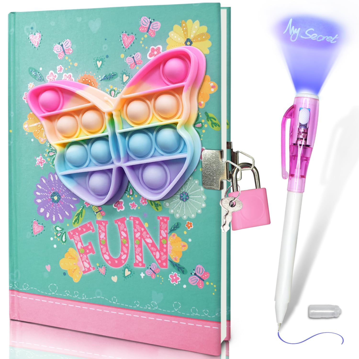 Pop Secret Diary for Girls with Invisible Pen, 7.5x5.4 Inch 160 Page Butterfly Fidget Girls Diary with Lock & Invisible Ink Double-end Pen Kids Notebook Gifts for Girls Birthday Presents 5-12 Year Old