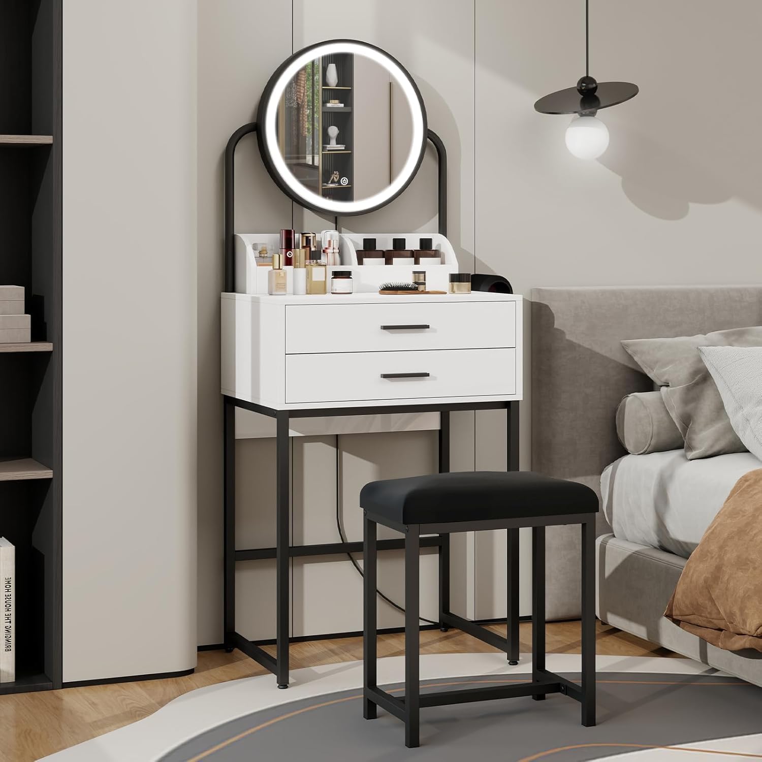 YU YUSING Toeletta Trucco con Sgabello Comodo, Scrivania Trucco con Specchio con Luce, Tavolo da Trucco con 2 Cassetti e 2 Ripiani, Set Toeletta Moderno per Camera da Letto, Bianco e Nero