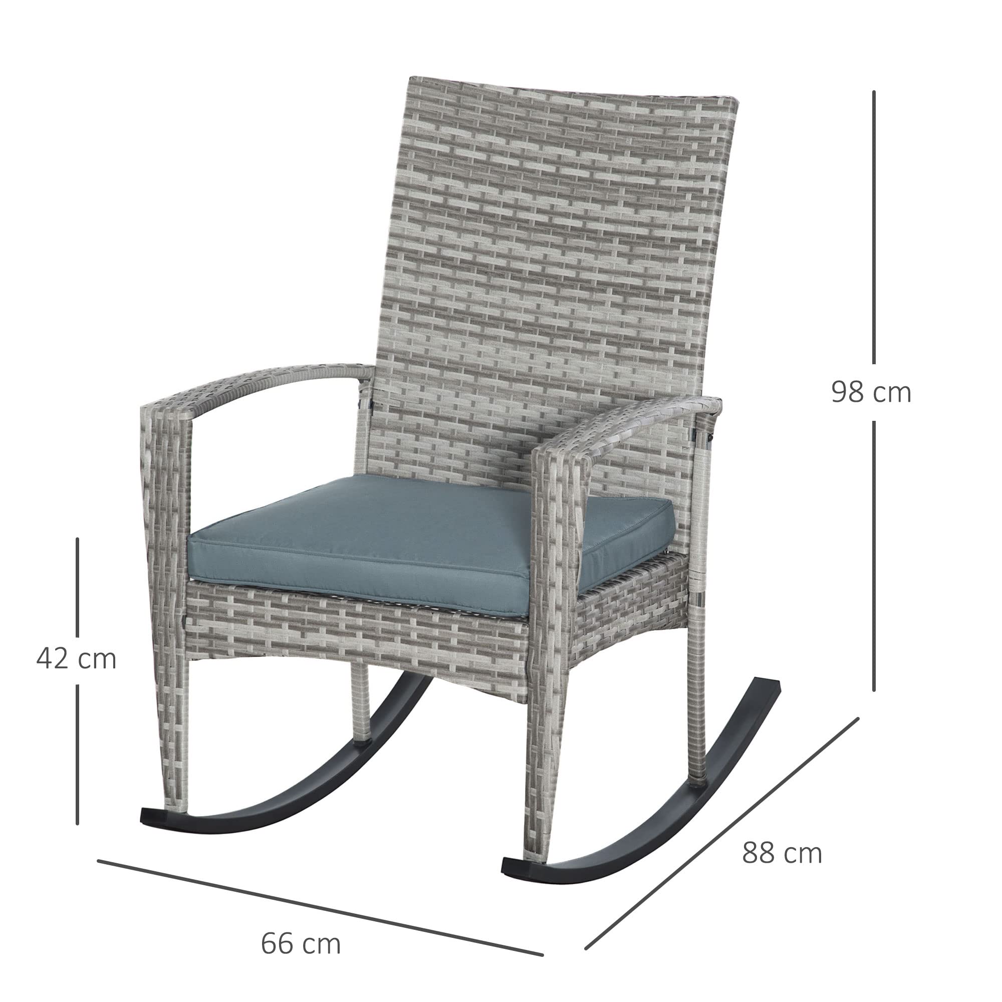 Outsunny Schaukelstuhl Schwingsessel Gartenstuhl mit Kissen, Polyrattan+Metall, Grau, 66 x 88 x 98 cm