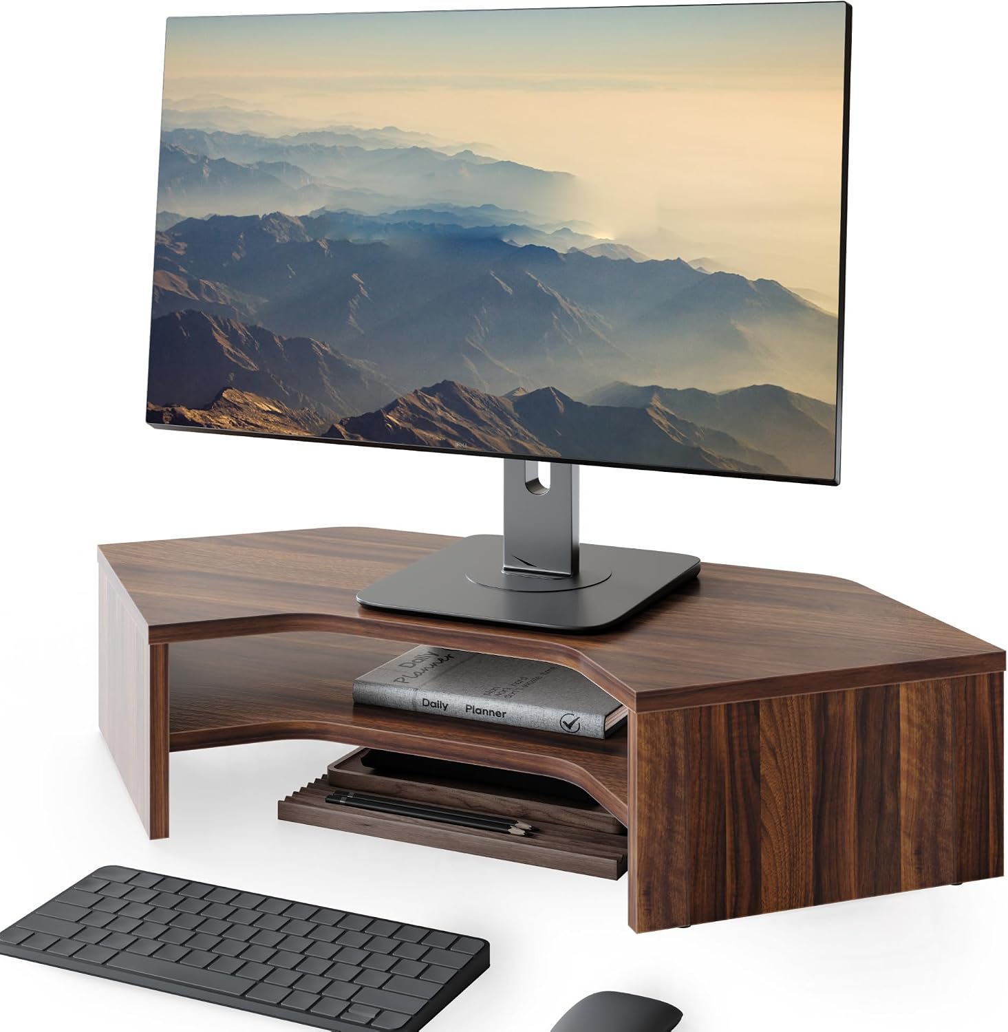FENGE Computer Monitor Stand 18.2 inch 2 Tiers Laptop Riser with Storage Shelf,Desk Organization for Home Office Supplies,Brown