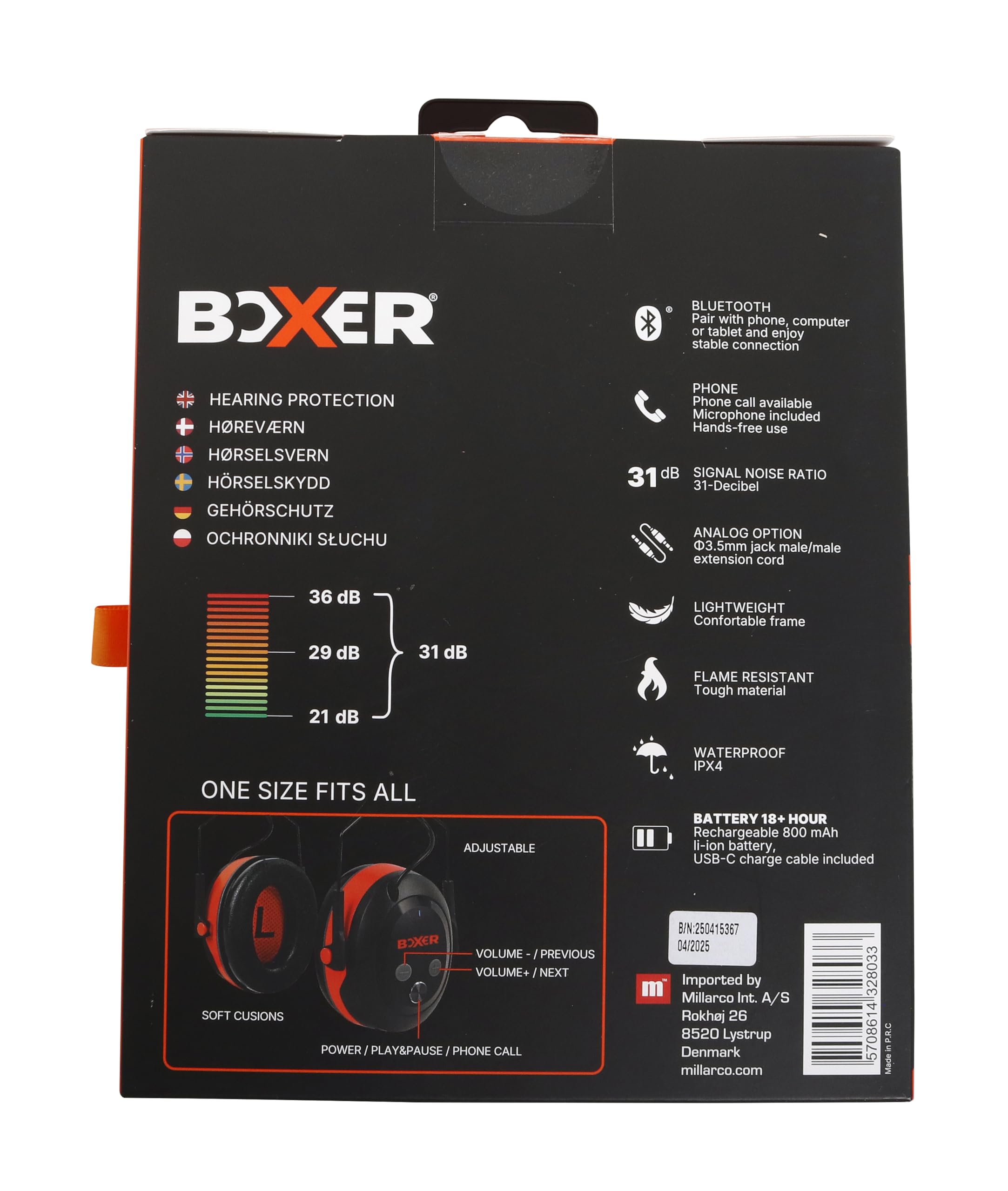 Boxer® Kapselgehörschutz mit Bluetooth 5.3 – SNR 31 dB Lärmdämmung – IPX4 – 18+ Std. Akku – leicht – USB-C – AUX-IN – EN352-1 Gehörschutz
