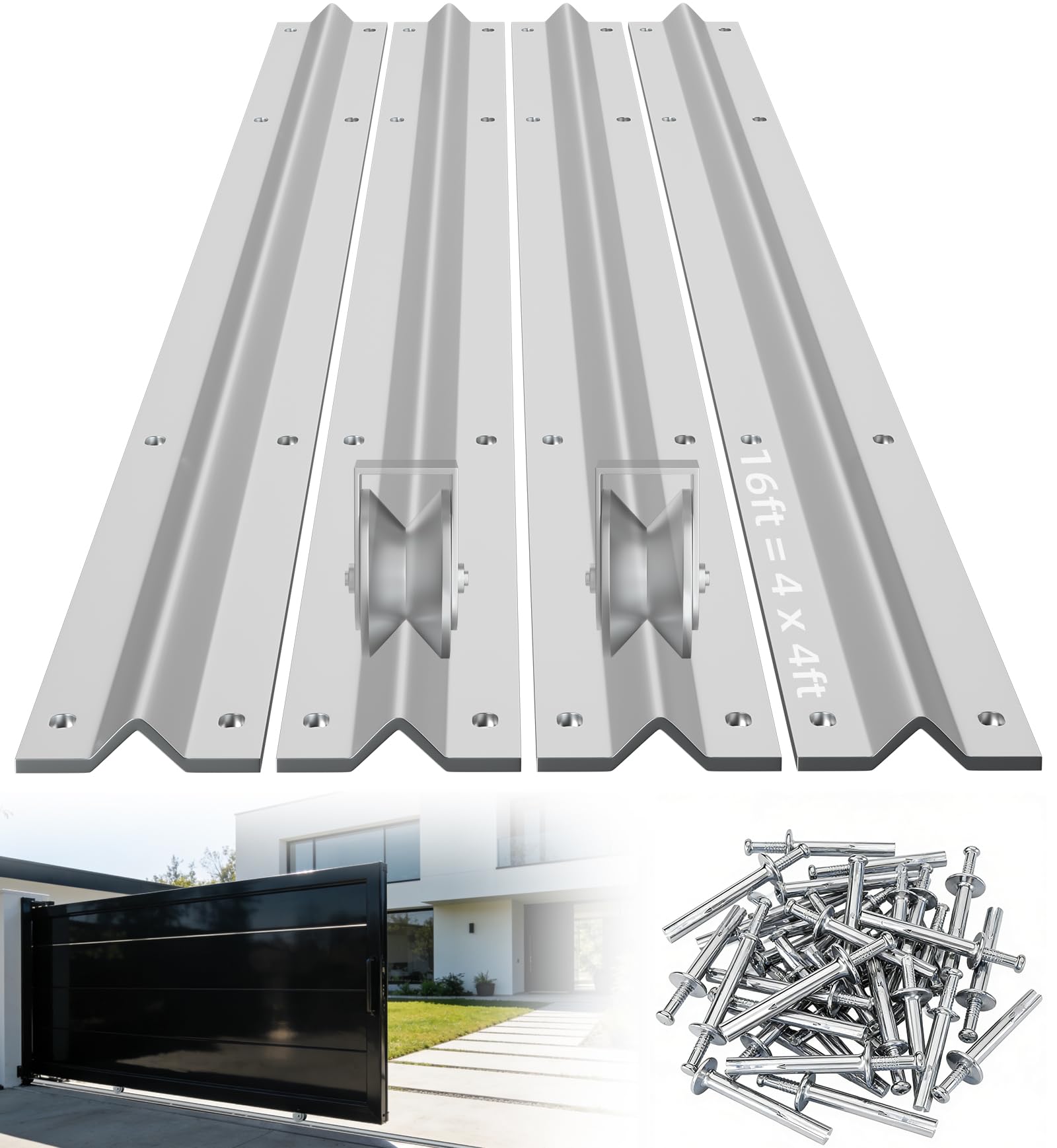 Photo 1 of 16 ft Galvanized V Track, 4 x 4 ft Sections, Inverted V Track for 1" OD V-Groove, Sliding Gate Rollers, Heavy Duty Driveway Sliding Gate Track, Includes Stainless Steel Hammer Drive Anchors