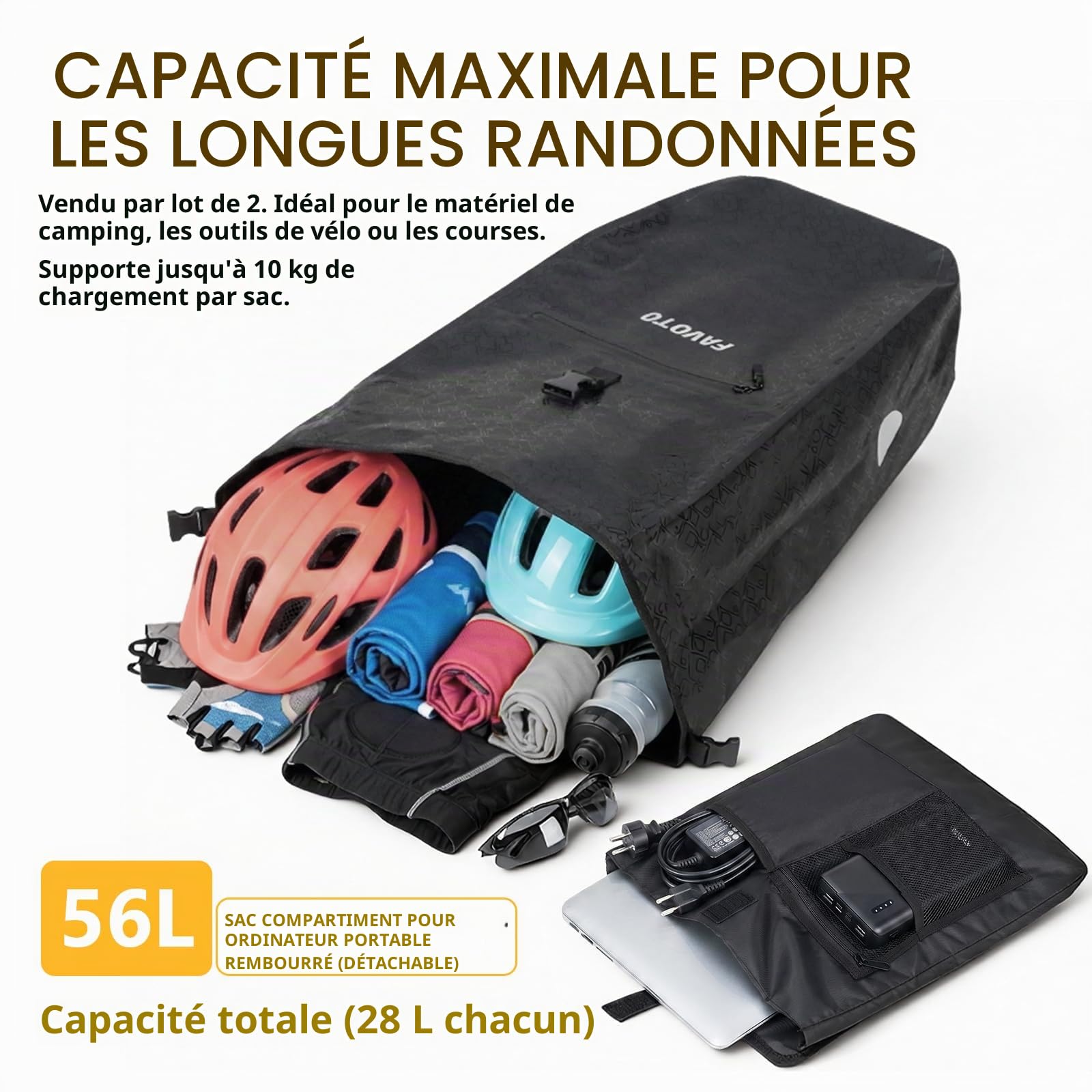 Favoto Sacoche Vélo Porte Bagage Arrière Imperméable, 56L (2×28 L) | Sacoche Vélo Réfléchissante à Libération Rapide avec Sac Intérieur, pour Vélo Électrique et VTT