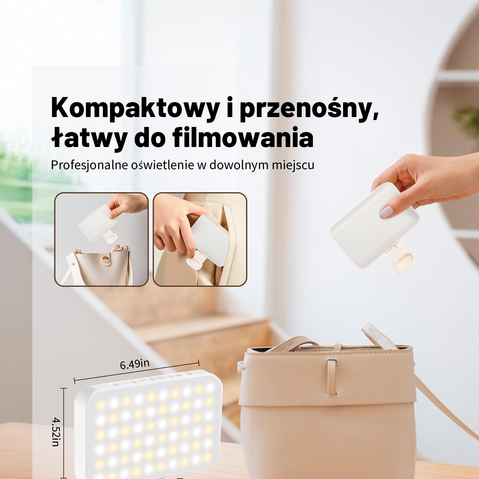 OUSFOT Lumiere Telefon z 3 trybami oświetlenia, 3000-6500K, 10 poziomów jasności do telefonu z baterią 2000 mAh z klipsem, do telefonu, aparatu, komputera