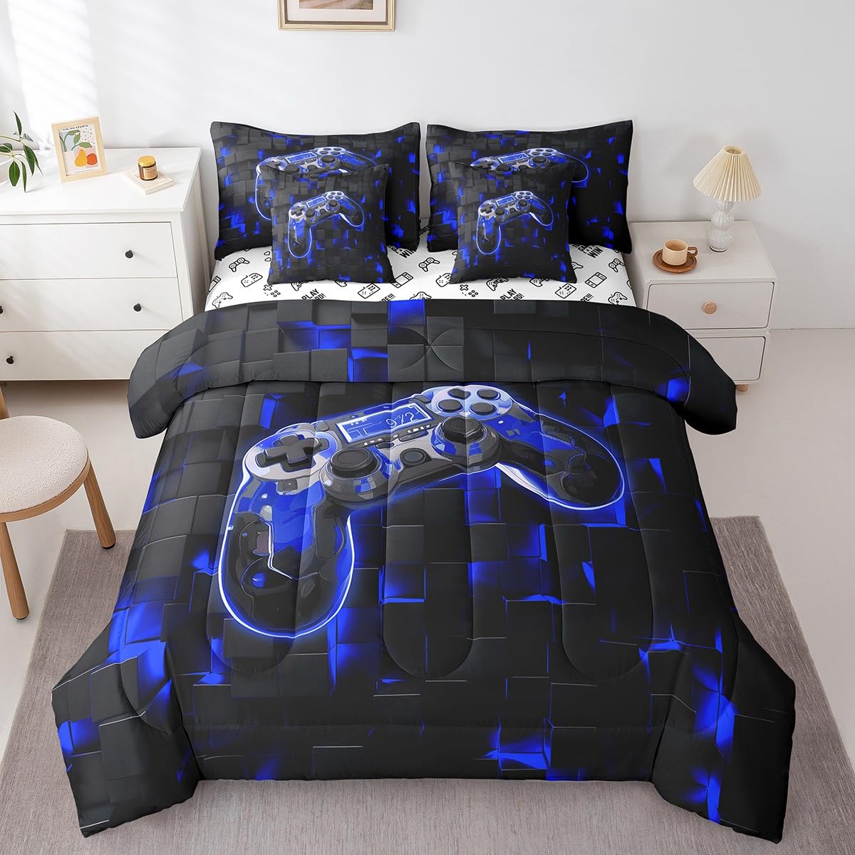 7Pcs Kids Bedding Set Twin Size Gamer Console Comforter Set Bed-in-a-Bag Black and Blue Cool Gamepad Gaming Bed Comforter-1 Comforter,1 Flat Sheet,1 Fitted Sheet,2 Pillowcases,2 Throw Pillow Covers 2