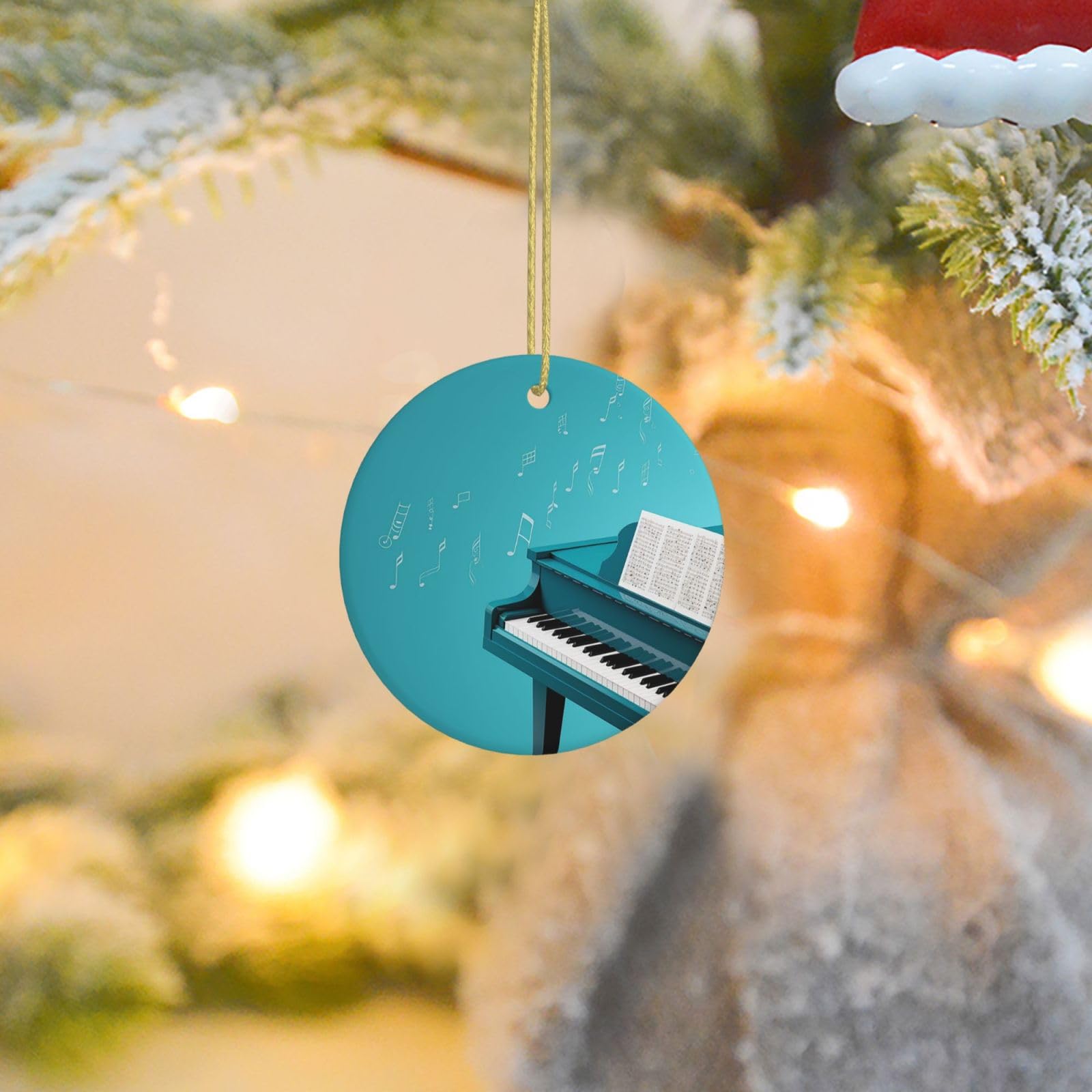 Christmas Tree Ornaments Ceramics Christmas Round Decorations Piano on Blue Background Ceramics Ornaments Circle Pentagram Xmas Tree Hanging Pendant for Christmas Tree Party Holiday Home Decor